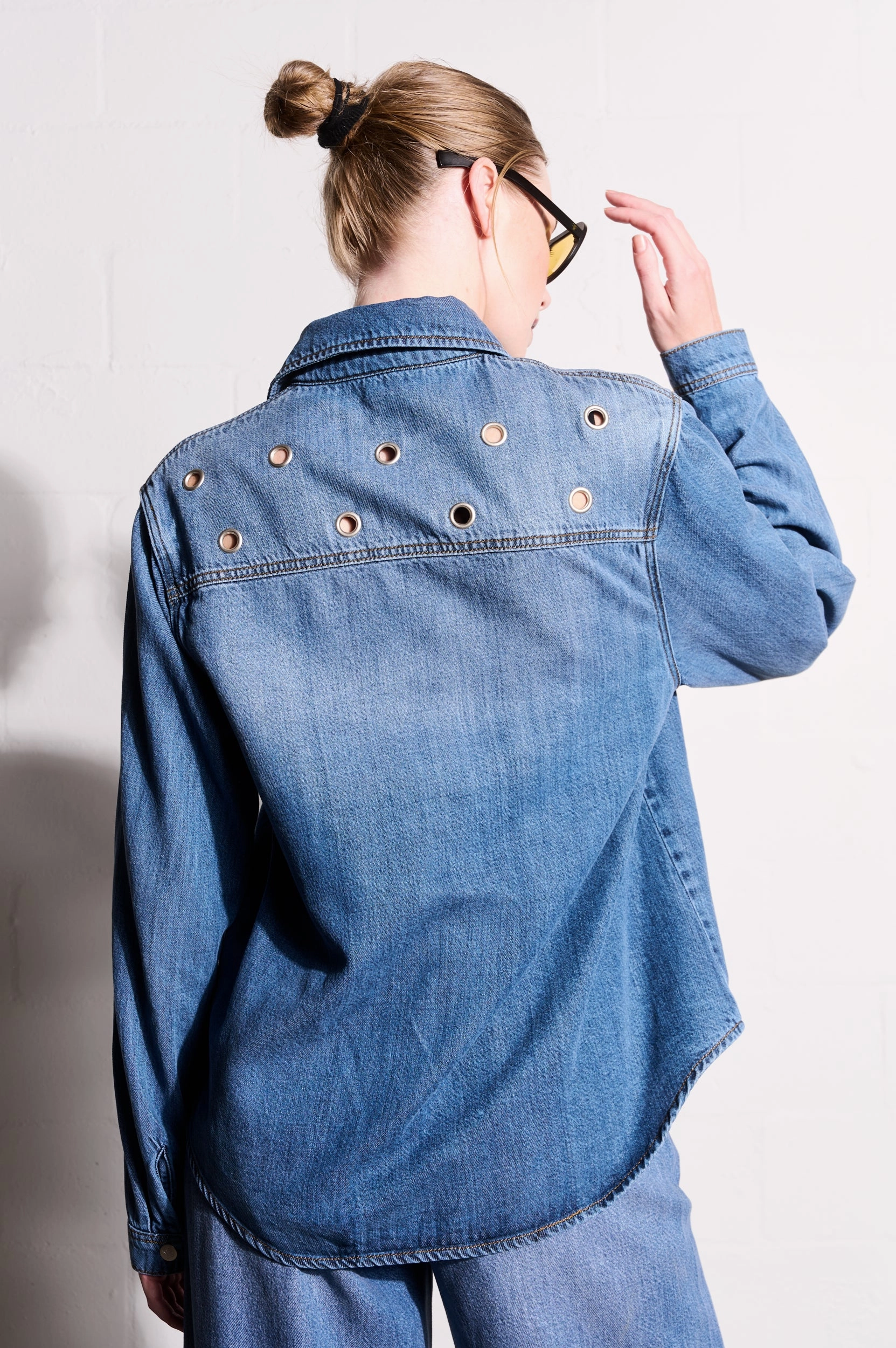 Hidden Storage Compartments Lyocell Denim Shirt with Eyelets in Medium Wash