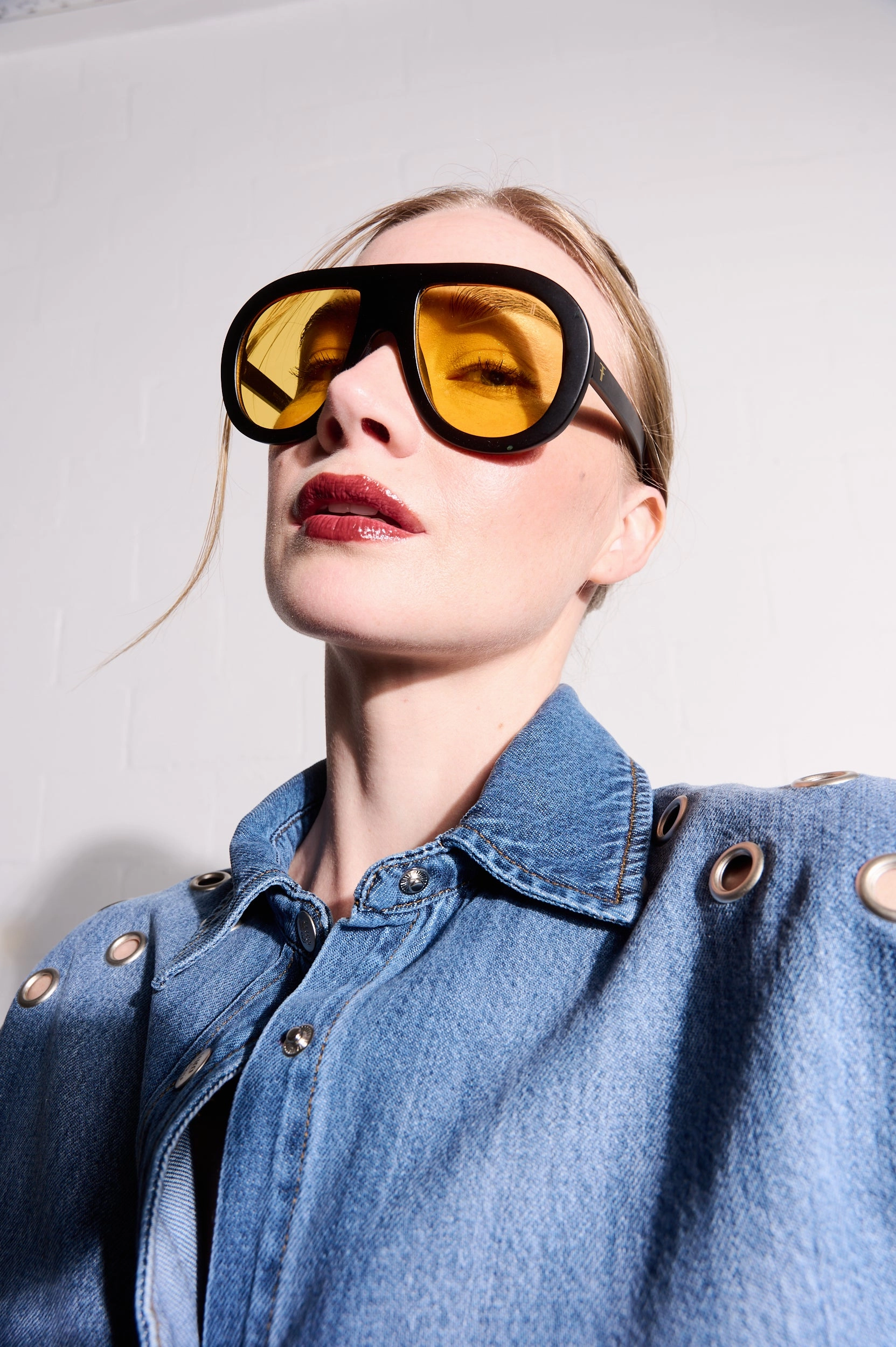 Lyocell Denim Shirt with Eyelets in Medium Wash Airtight Fasteners