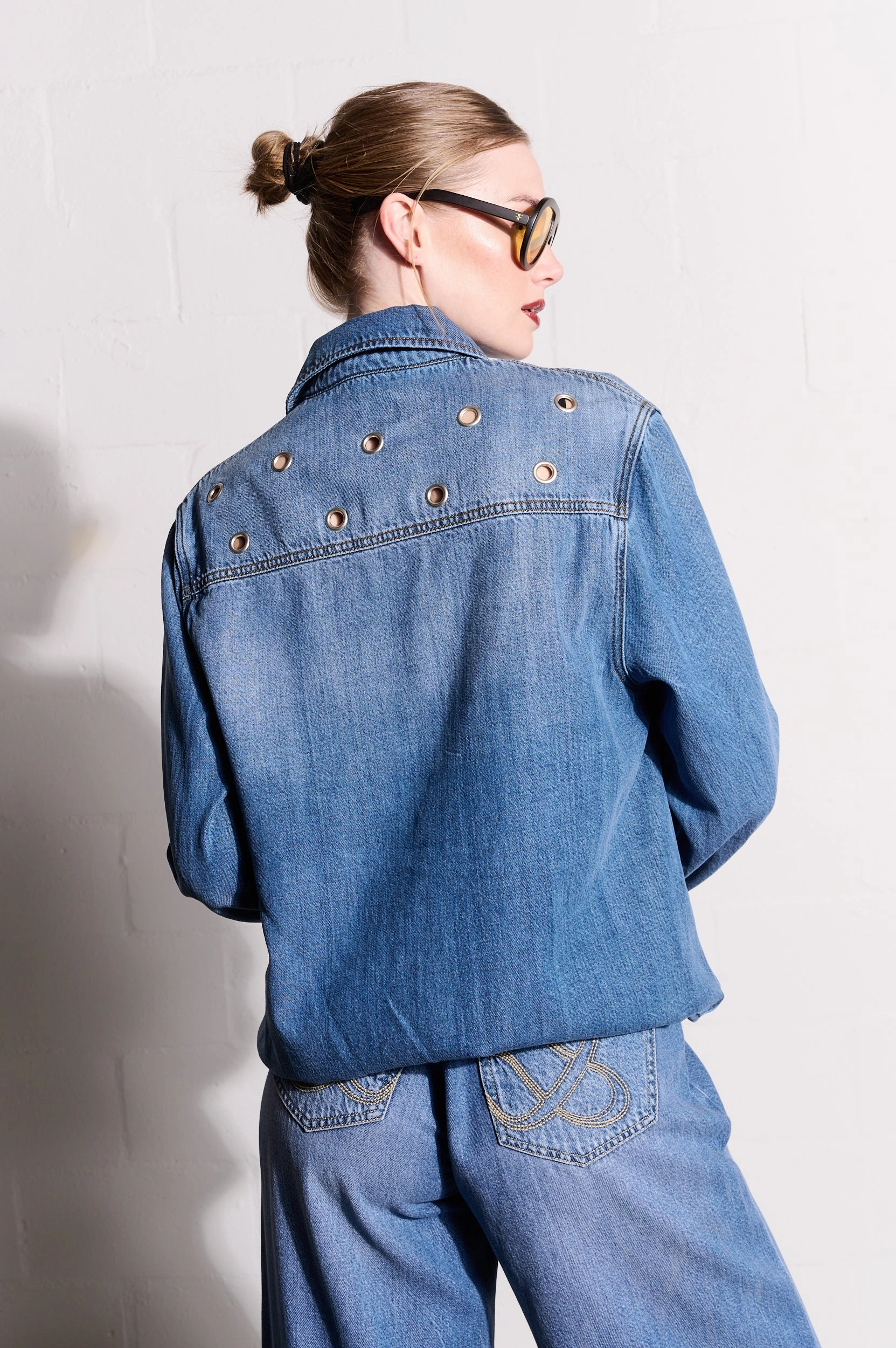 Lyocell Denim Shirt with Eyelets in Medium Wash Wind Chill Protection