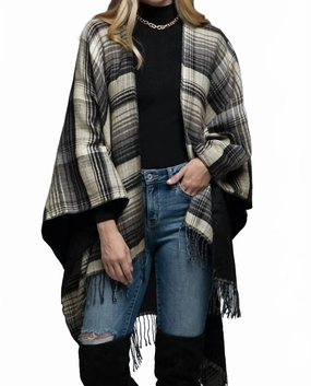 Comfy Touch Tassel Checked Poncho In Black