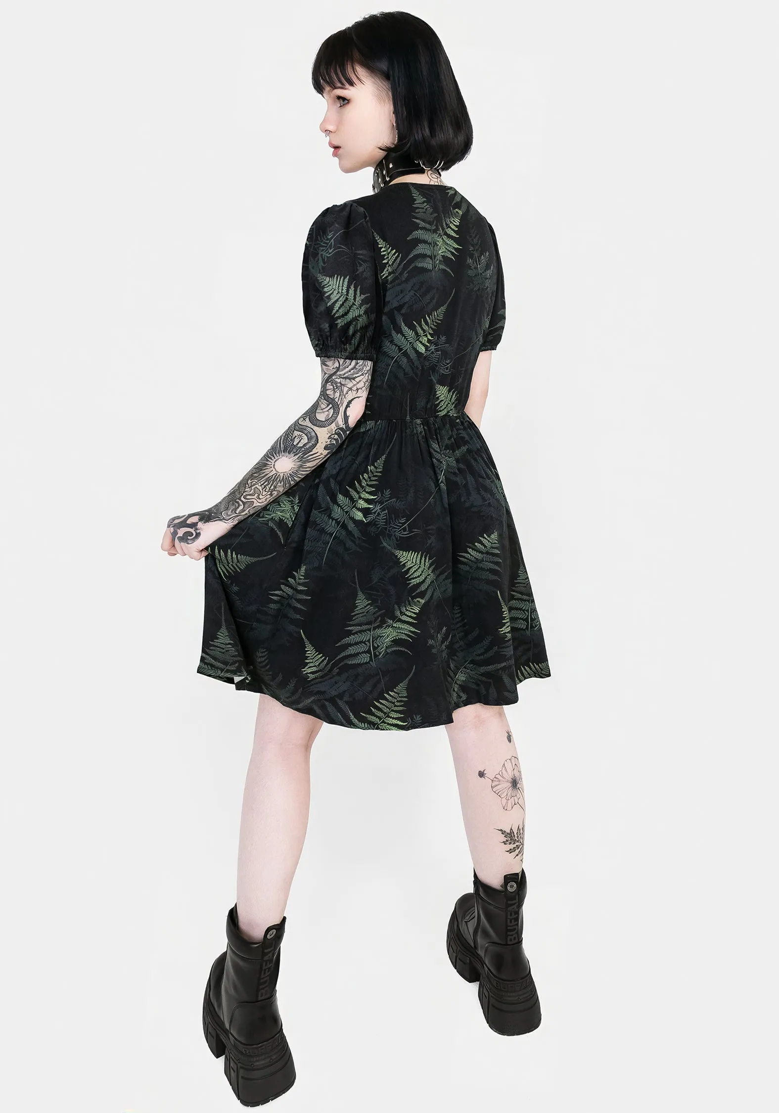 Work Friendly Patterned-Fabric Fernery Button Up Corset Mini Dress