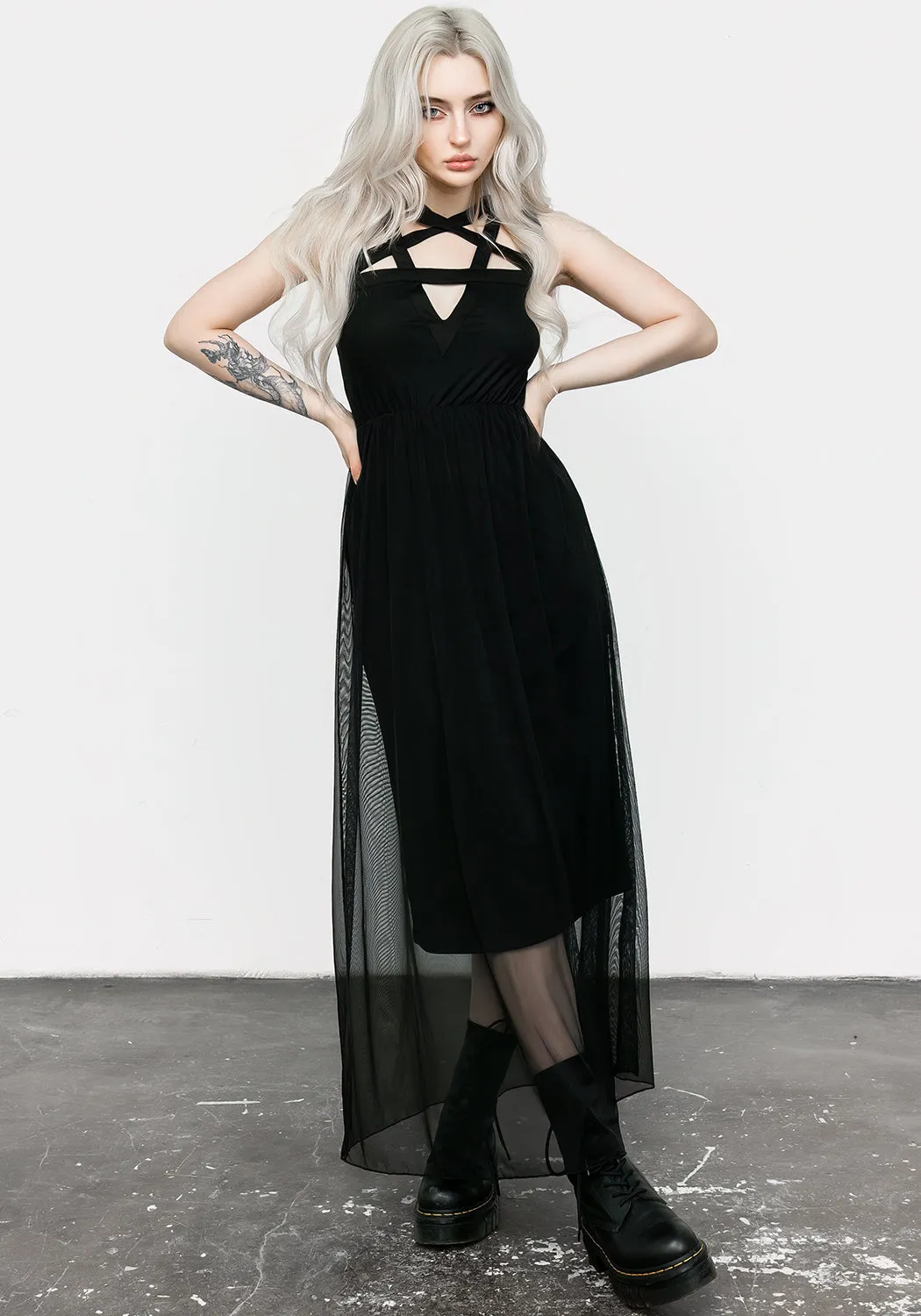 Work Mood Chic Tailoring Incantation Mesh Maxi Dress