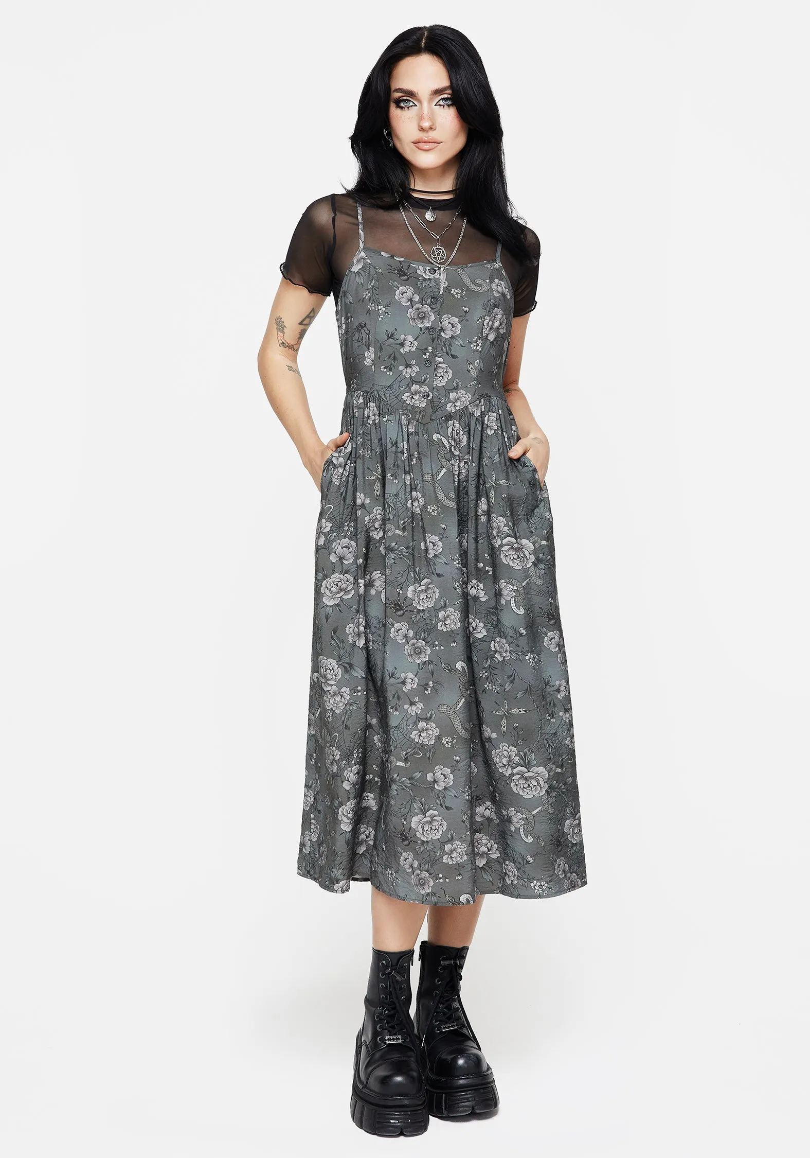 Weekend Favorite Elegant Style Meadow Floral Serpent Print Cami Midi Dress