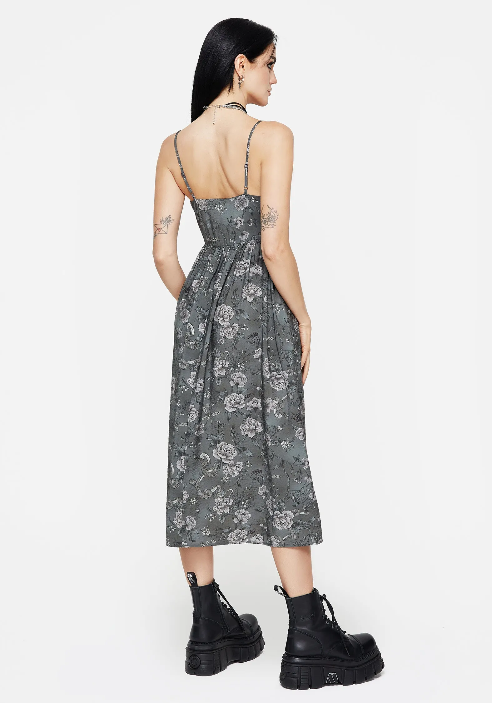 Meadow Floral Serpent Print Cami Midi Dress Lightweight Light Silhouette