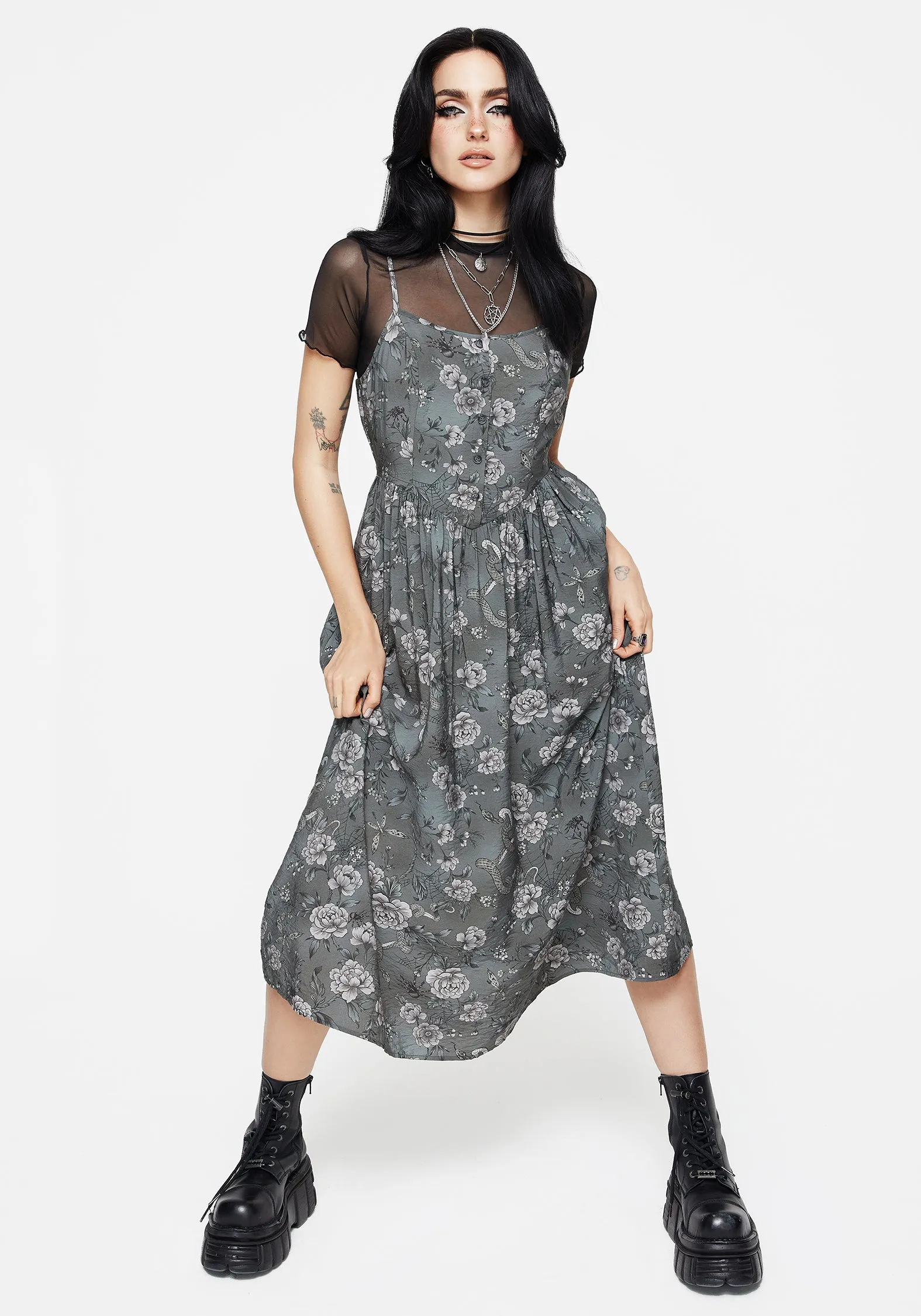 Meadow Floral Serpent Print Cami Midi Dress Modest Cut Joyful Look