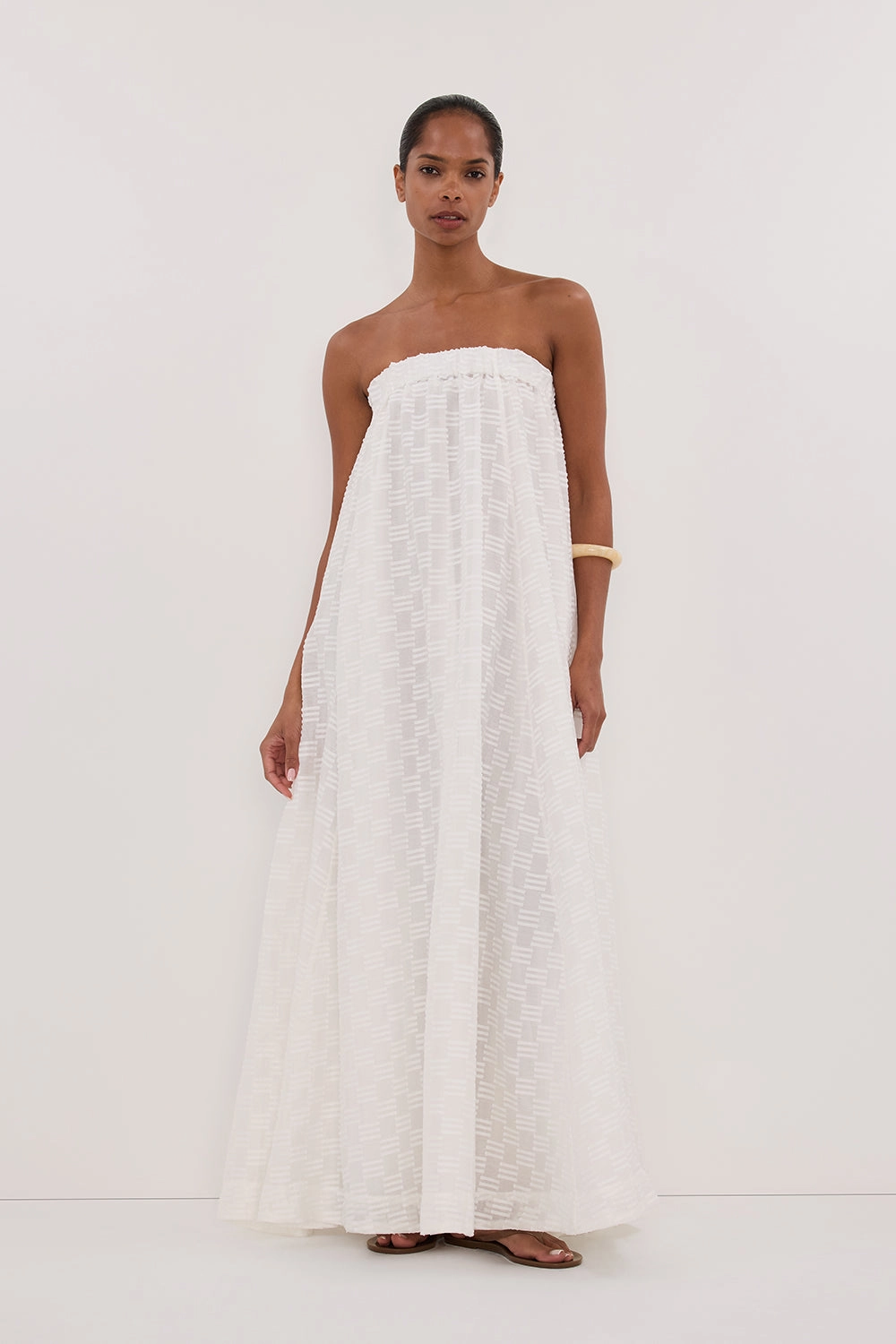 Invisible-Zip Magnetic-Closure ELBA WHITE SHEER STRAPLESS DRESS - PRE ORDER