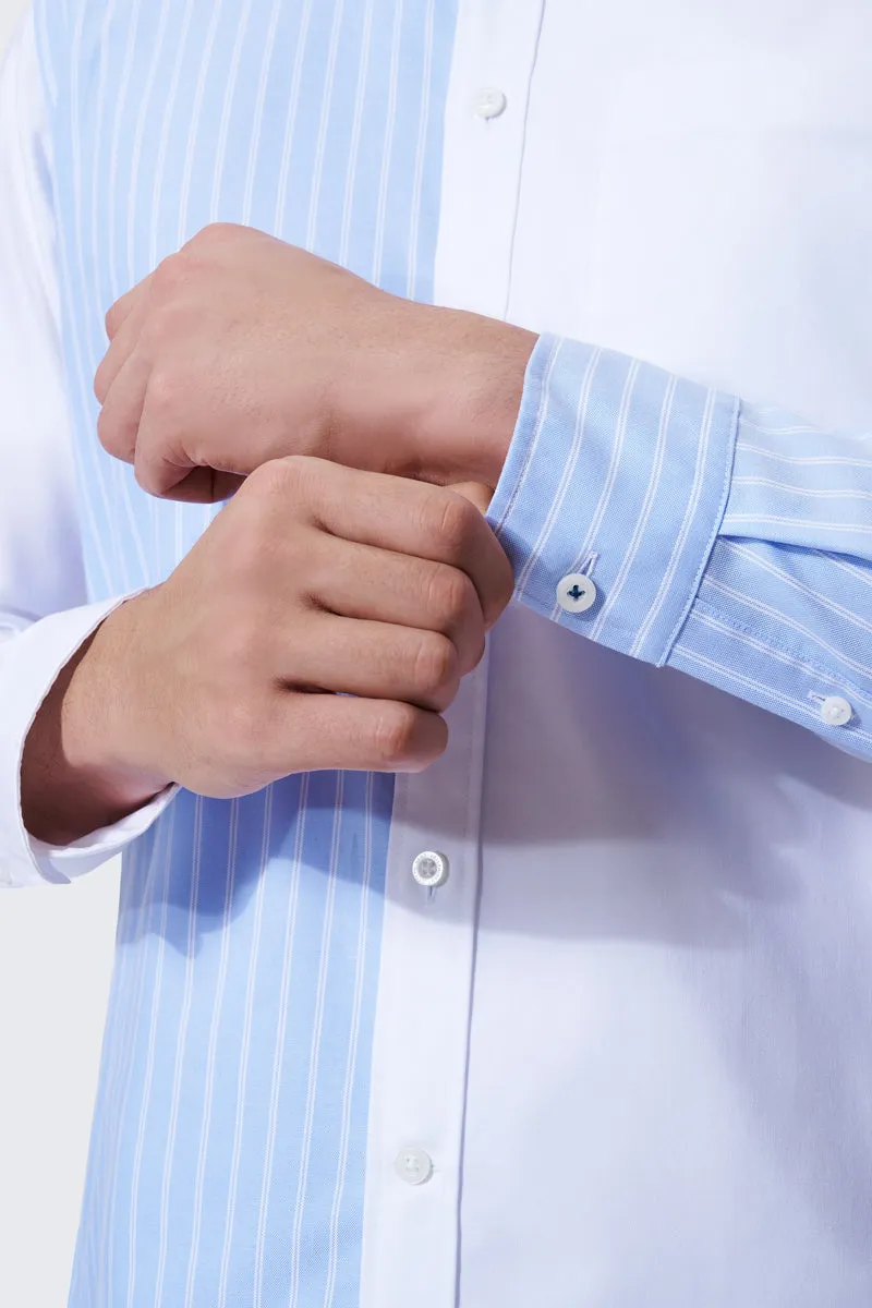 Premium Feel Oxford Button-Down Color Blocked Casual Shirt | White / Blue Stripes 81806N