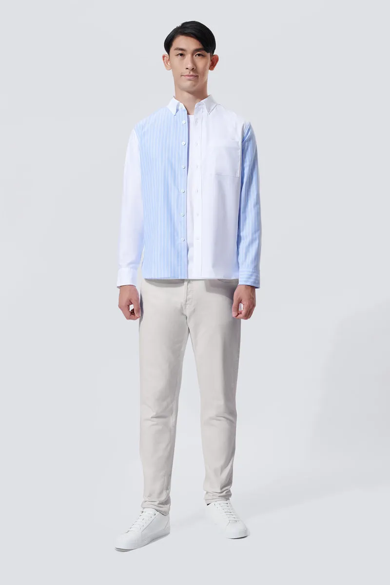 Contemporary Style High Street Fashion Oxford Button-Down Color Blocked Casual Shirt | White / Blue Stripes 81806N