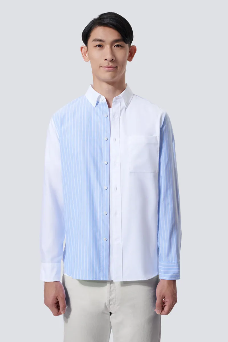 Oxford Button-Down Color Blocked Casual Shirt | White / Blue Stripes 81806N Comfort Wear Layered Design