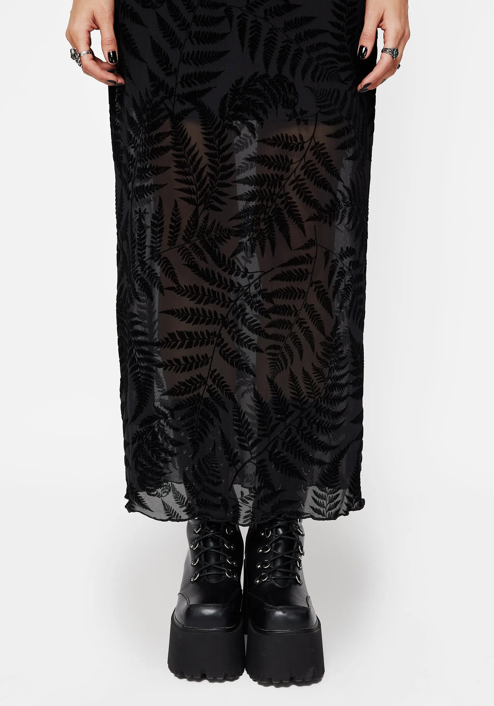 Lunafern Mesh Fern Leaf Midaxi Skirt Pocket Design