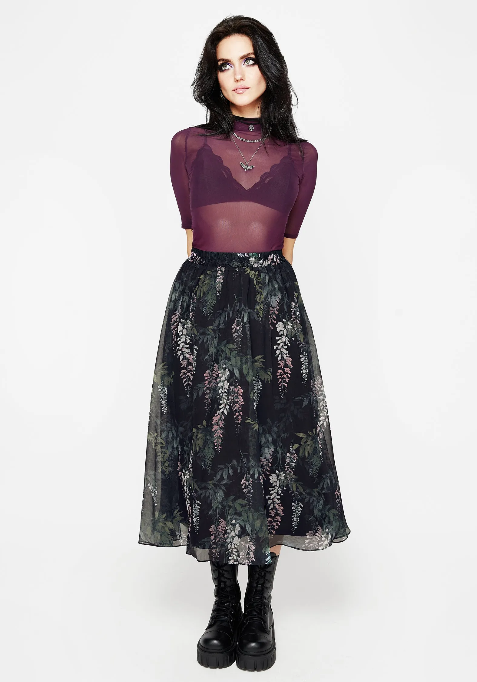 Wisteria Floral Print Chiffon Midi Skirt Comfort Innovation Adjustable drawstring