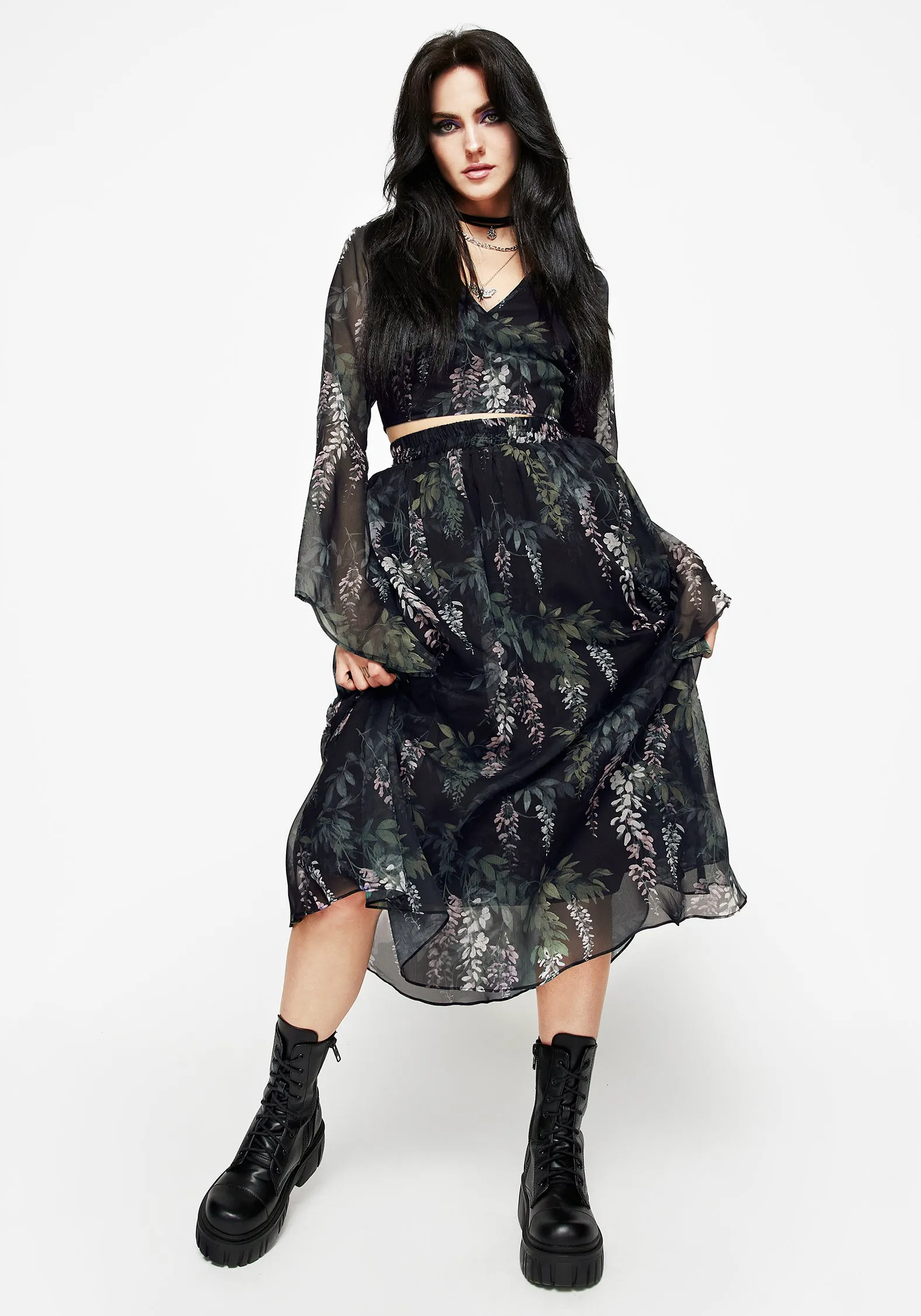 Fashion Week Ready Wisteria Floral Print Chiffon Midi Skirt