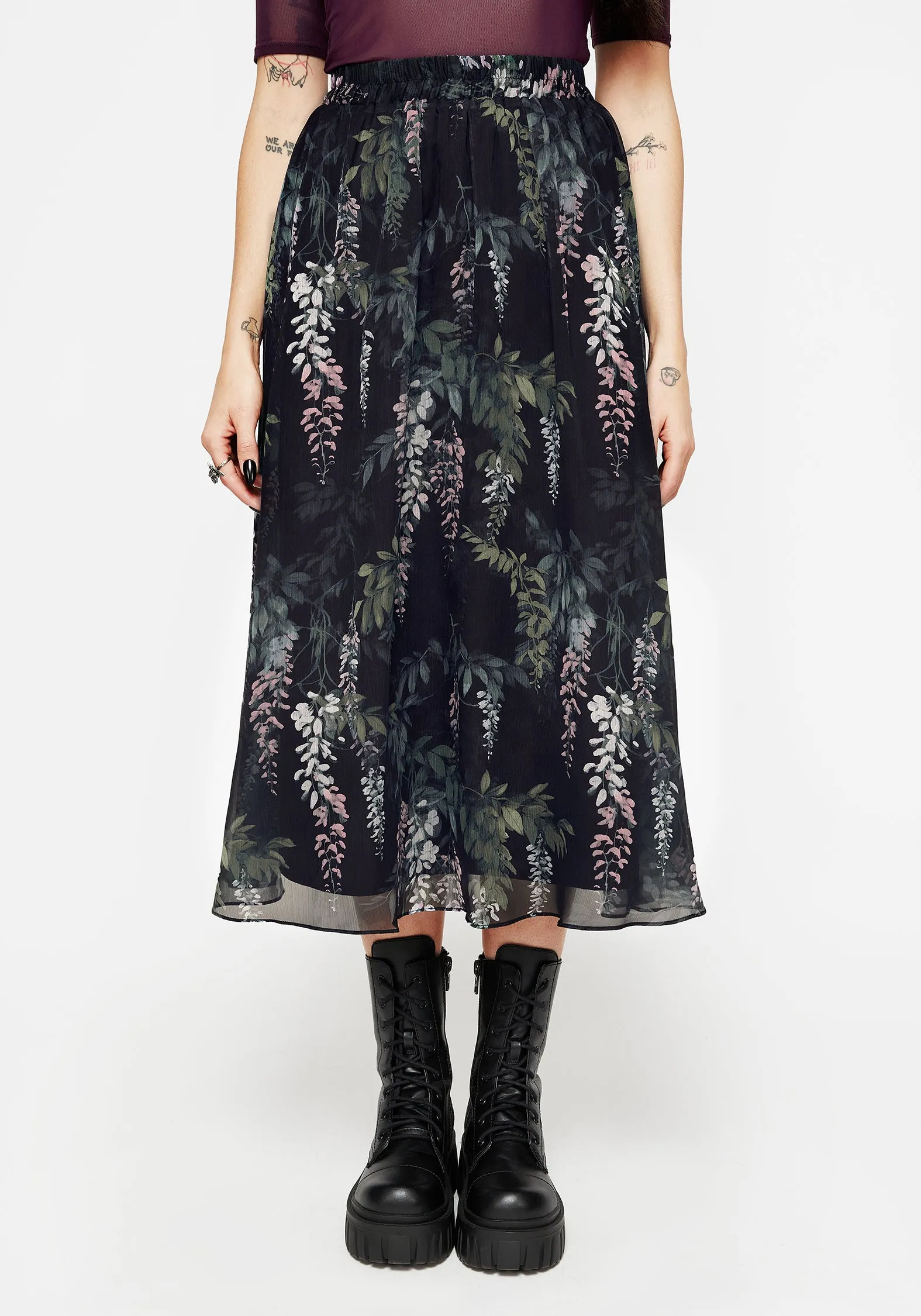 Detachable Tie Minimal Vibe Wisteria Floral Print Chiffon Midi Skirt