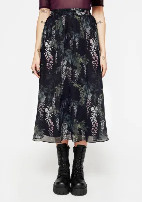 Detachable Tie Minimal Vibe Wisteria Floral Print Chiffon Midi Skirt