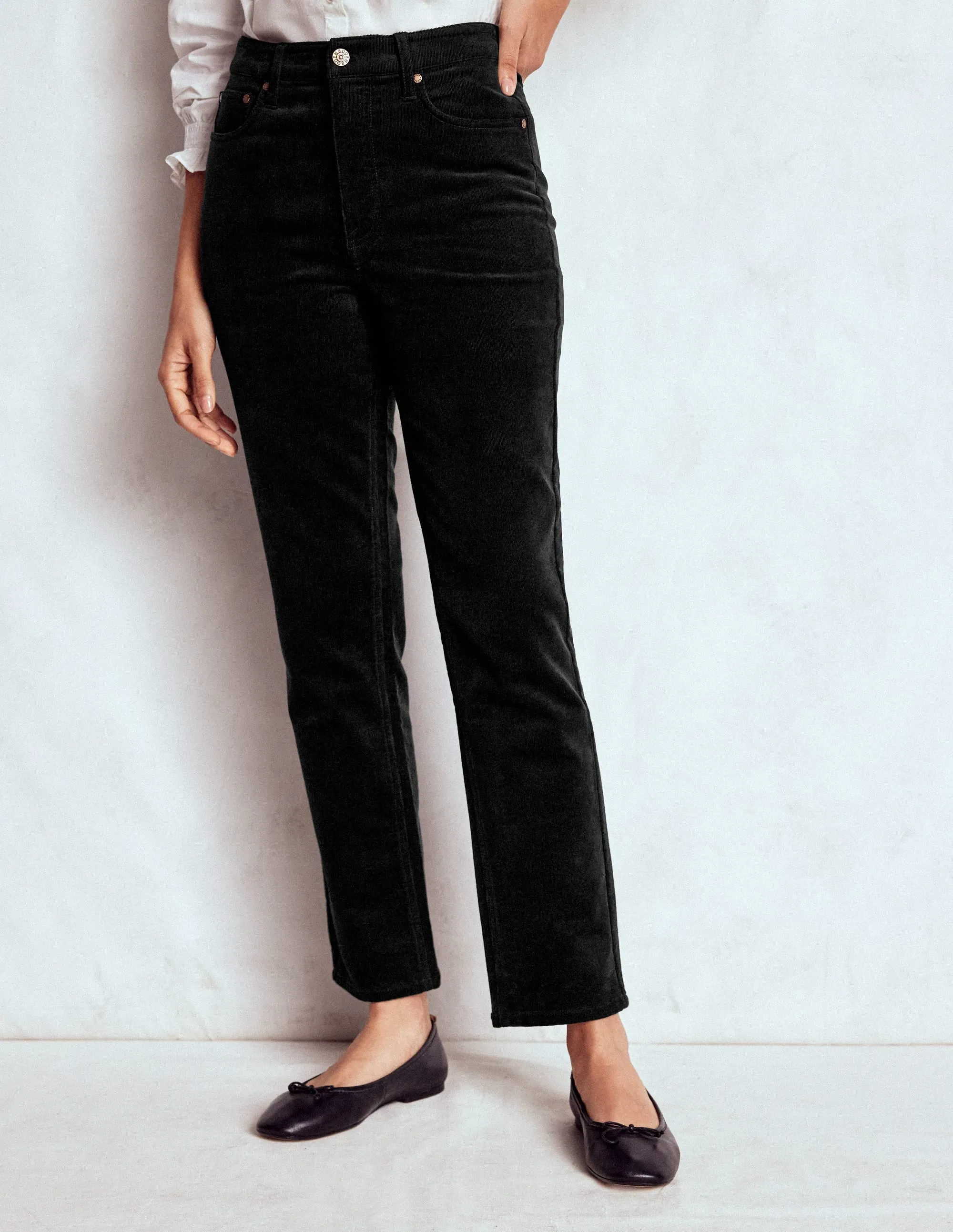 No Ride Up Design Day Wear High-Waisted Cord Slim Jeans-Black
