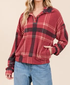 V-Neck Pullover Top In Red Plaid Soft Knit Design Non Restrictive Armhole