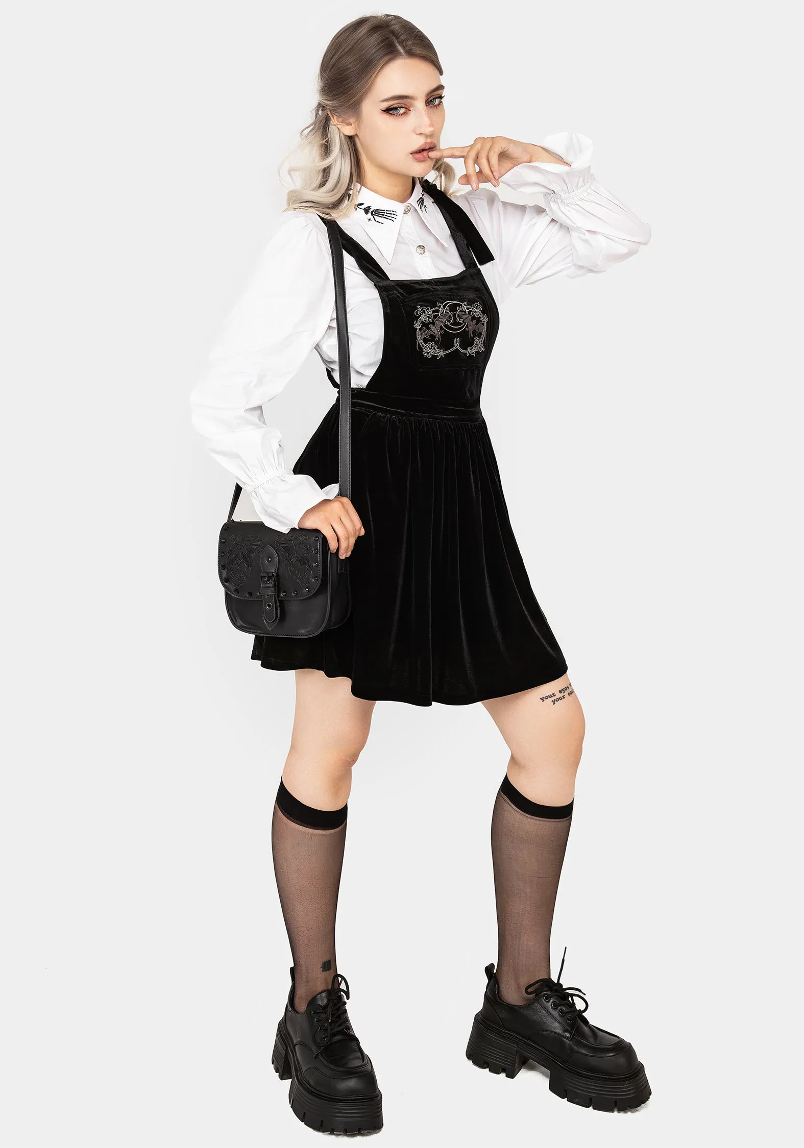 Vampyrum Bat Embroidered Mini Pinafore Dress Contrast-Lining Perfect for Travel