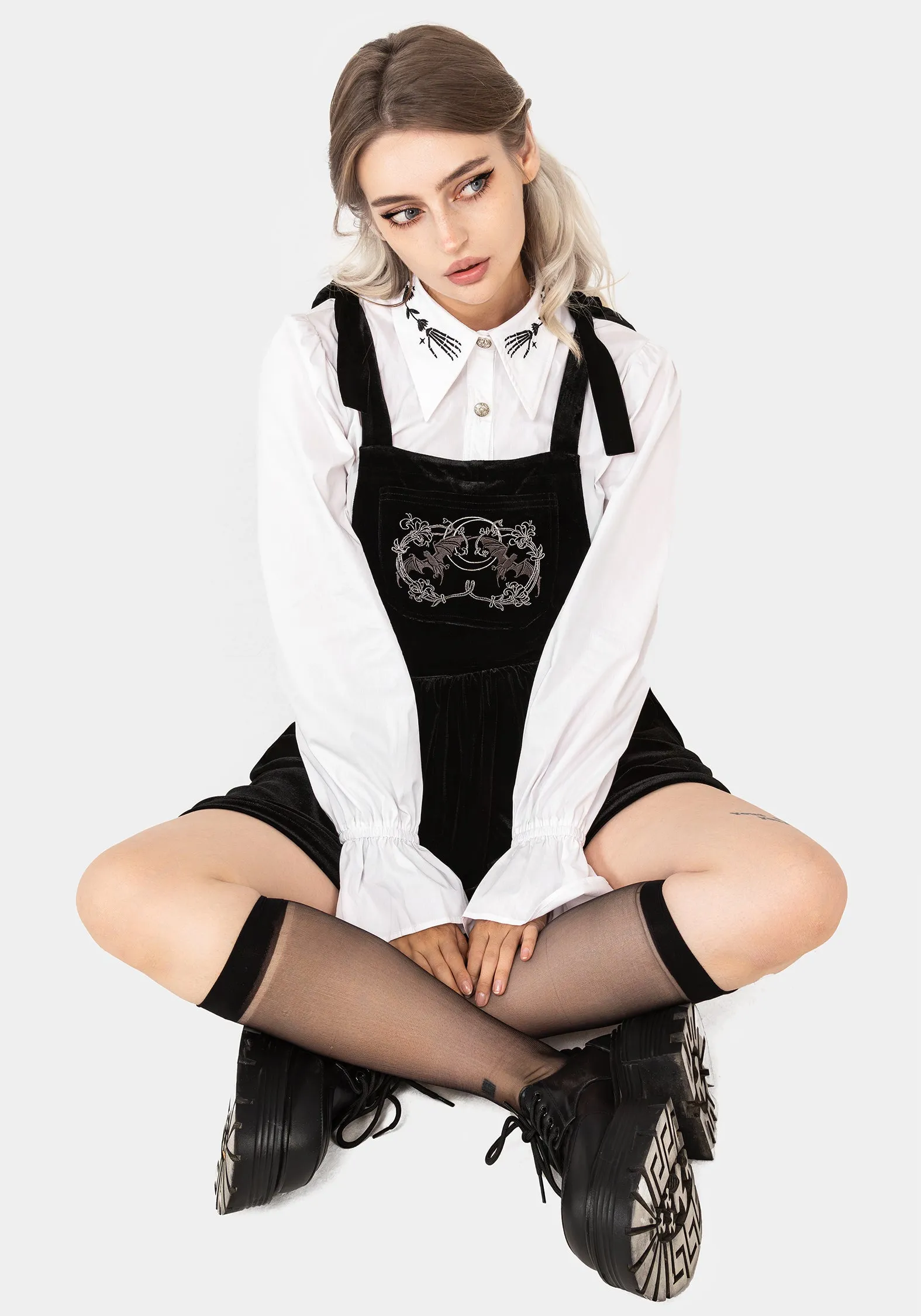 Vampyrum Bat Embroidered Mini Pinafore Dress Breathable Design