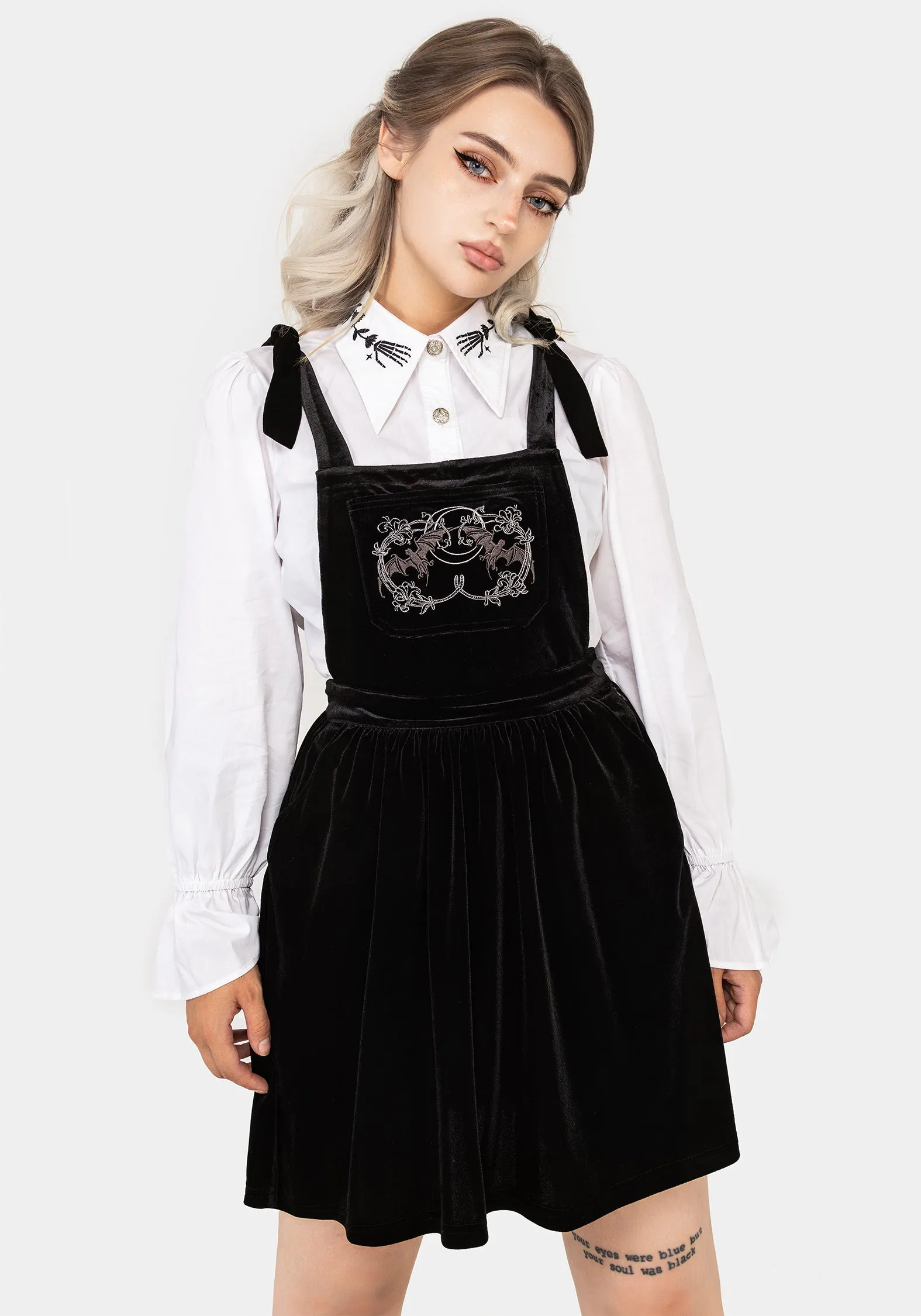 Vampyrum Bat Embroidered Mini Pinafore Dress Form Flow Crisp Finish