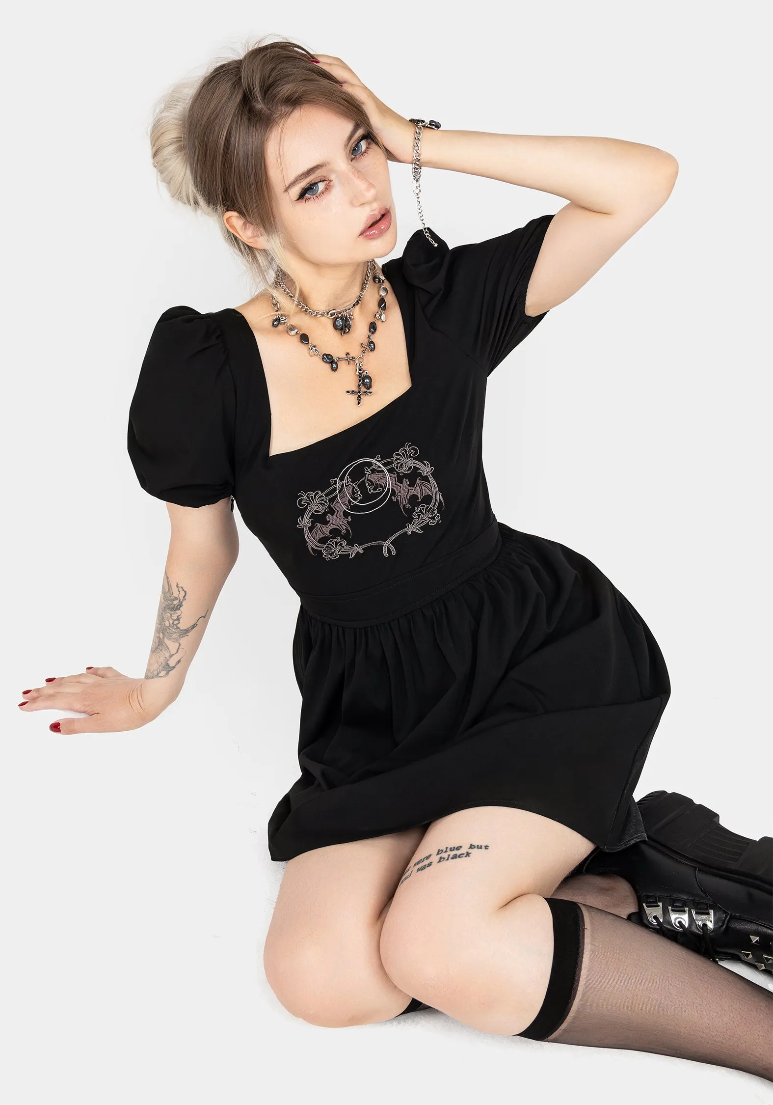 Modern and Feminine Vampyrum Bat Embroidered Puff Sleeve Mini Dress
