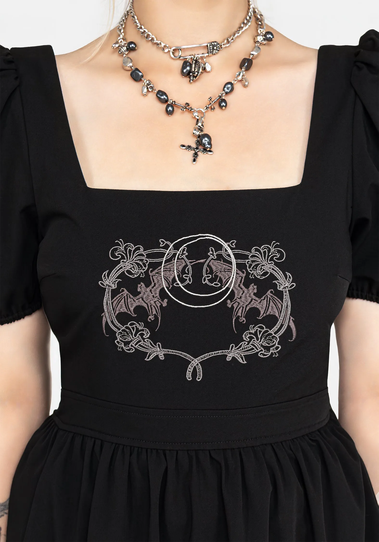 Vampyrum Bat Embroidered Puff Sleeve Mini Dress Soft and Relaxed Smooth Line