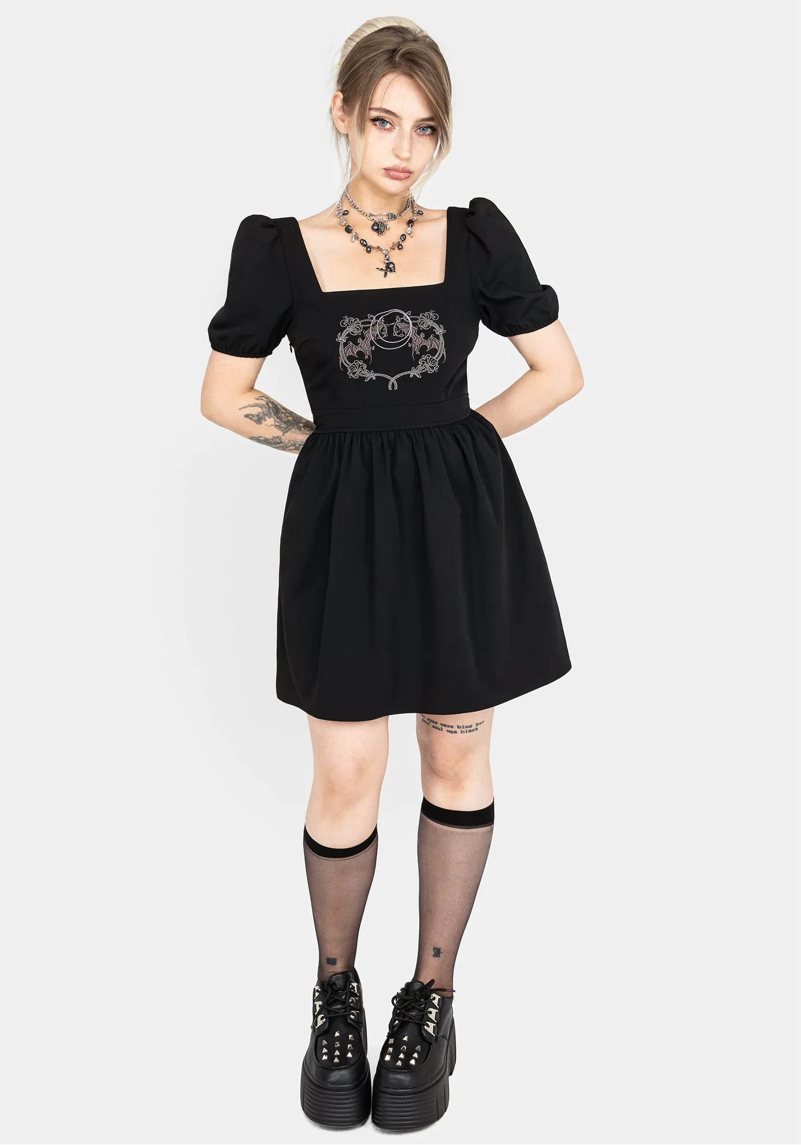 Feminine flowing piece Stylish Appeal Vampyrum Bat Embroidered Puff Sleeve Mini Dress