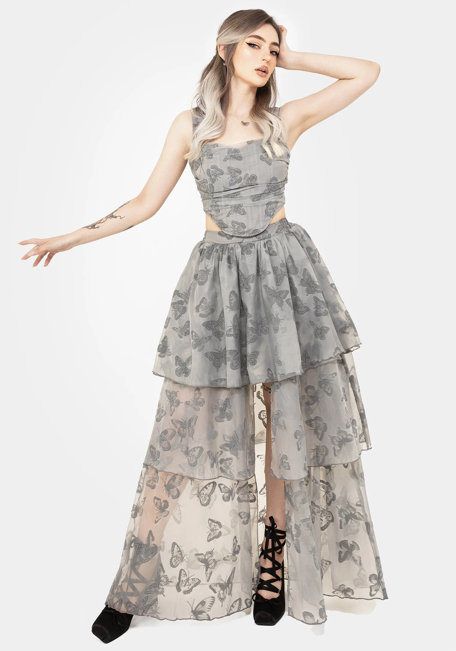 Vanessa Butterfly Print Organza Front Split Tiered Maxi Skirt Daily Fashion Limited Release