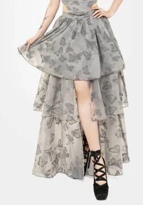 Functional Look Vanessa Butterfly Print Organza Front Split Tiered Maxi Skirt