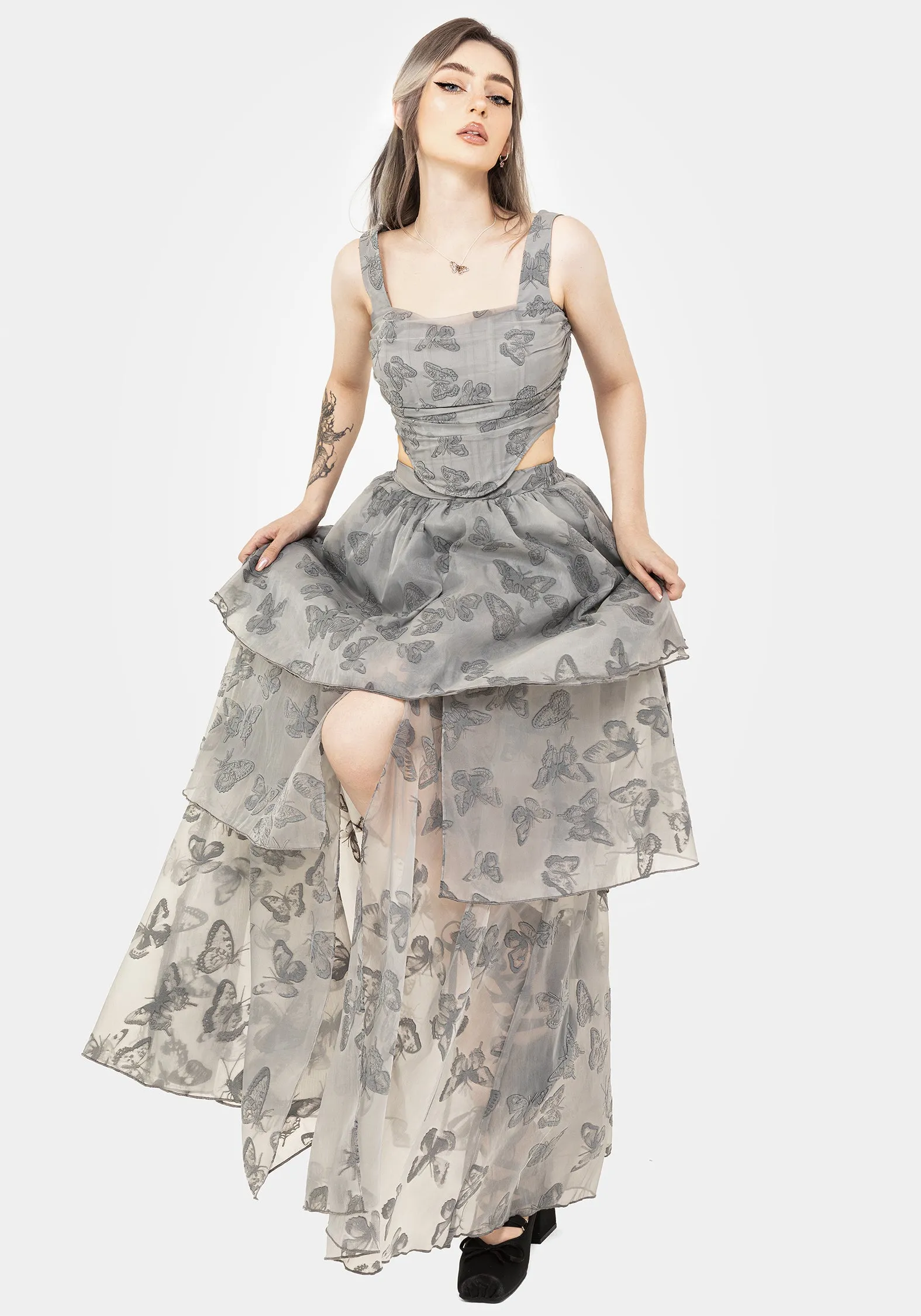 Vanessa Butterfly Print Organza Front Split Tiered Maxi Skirt mix and match Texture Focus