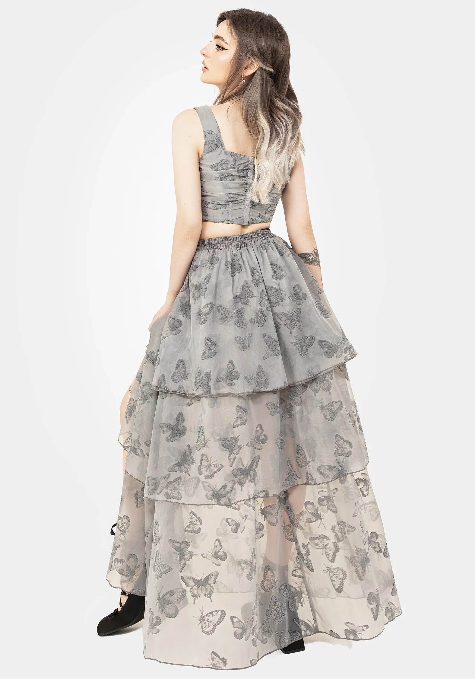 Iconic Style Fair trade Vanessa Butterfly Print Organza Front Split Tiered Maxi Skirt