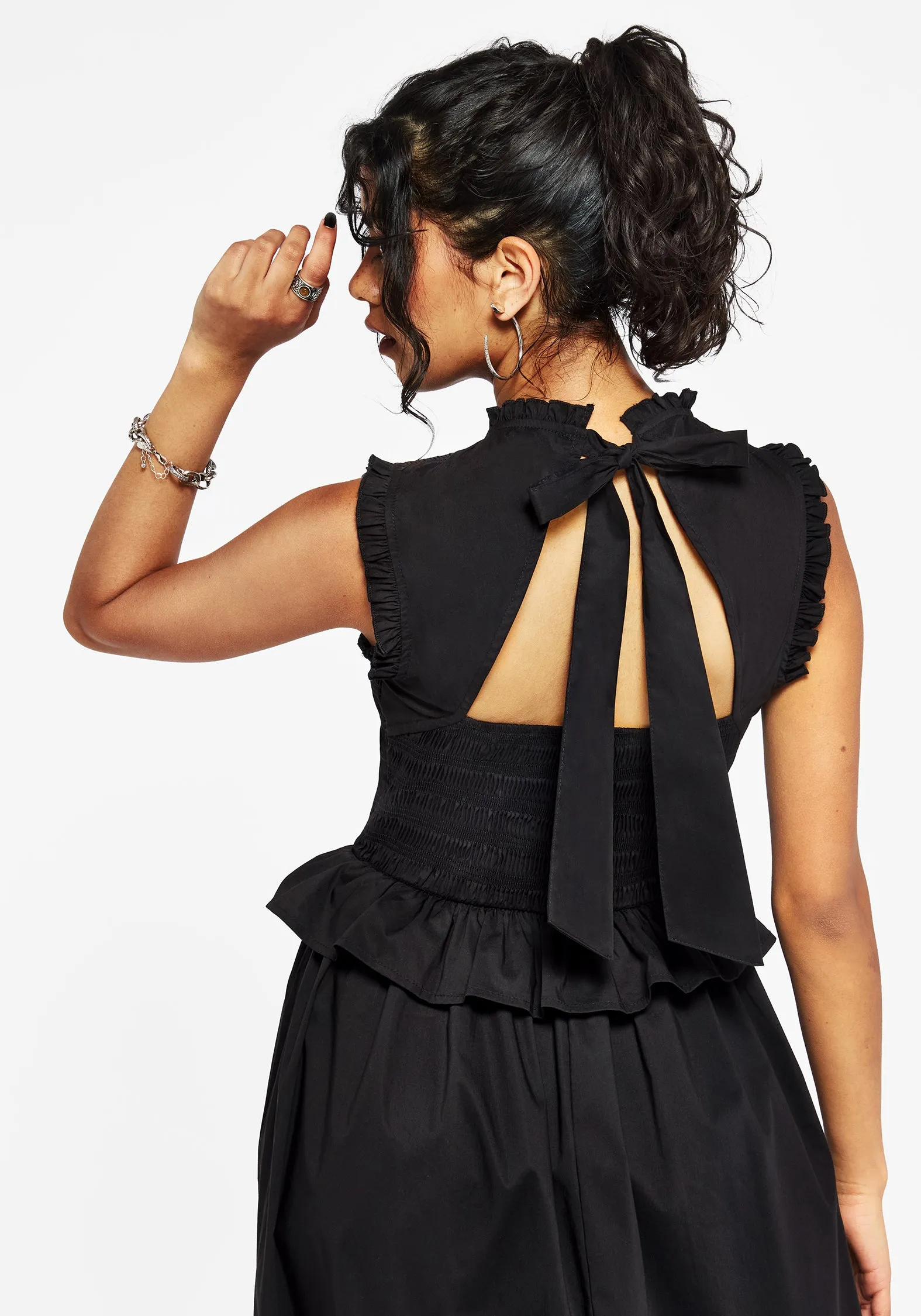 Veronica Cotton Smocked Bodice Bow Detail Midi Dress Fitted Style Flexible Fit