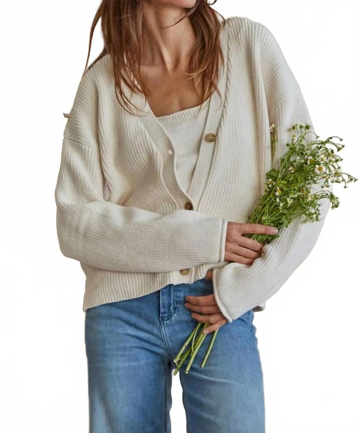 Brushed Interior Kacey Button Closure Cardigan In Ivory