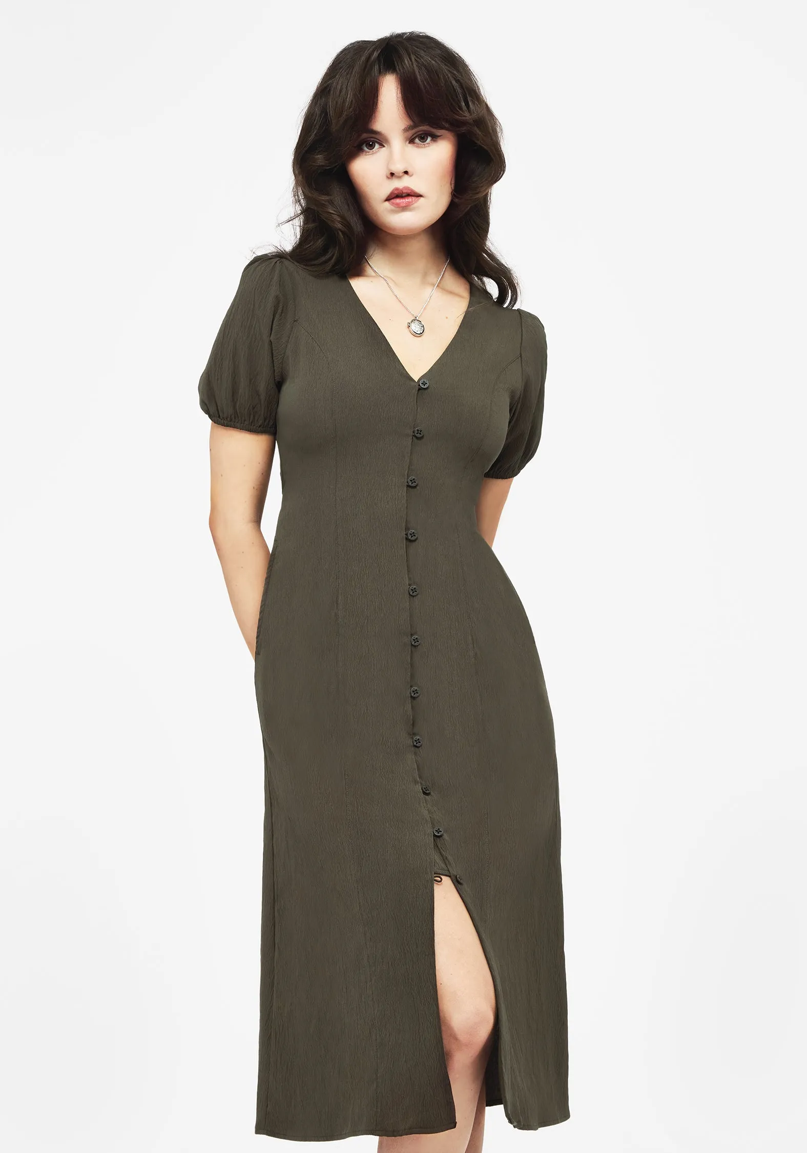 Glossy Fabric Outdoor Ready Rosette Button Up Midi Dress