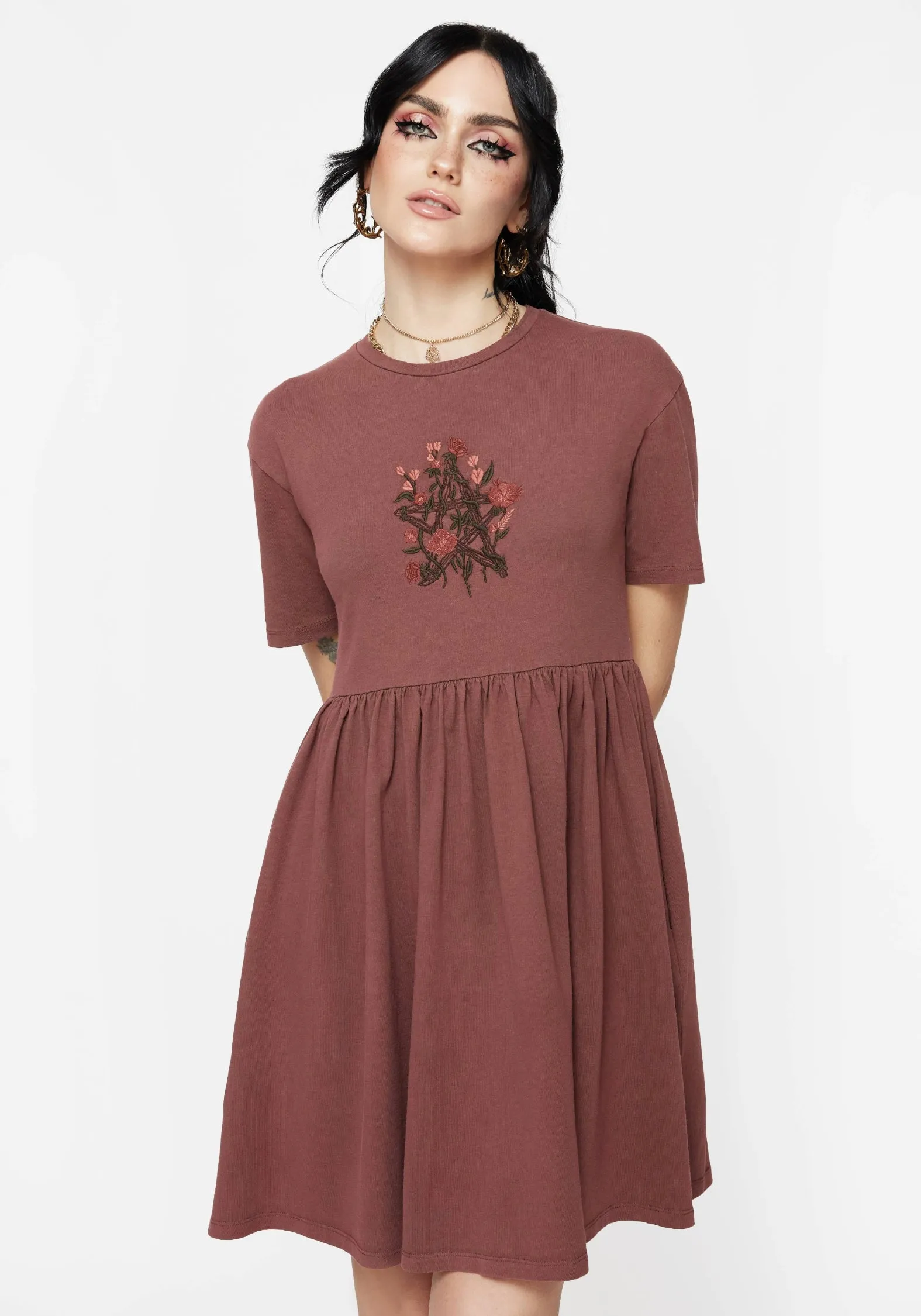 Aster Cotton Pentagram Embroidered Mini Skater Dress Peplum-Style Natural Wrap