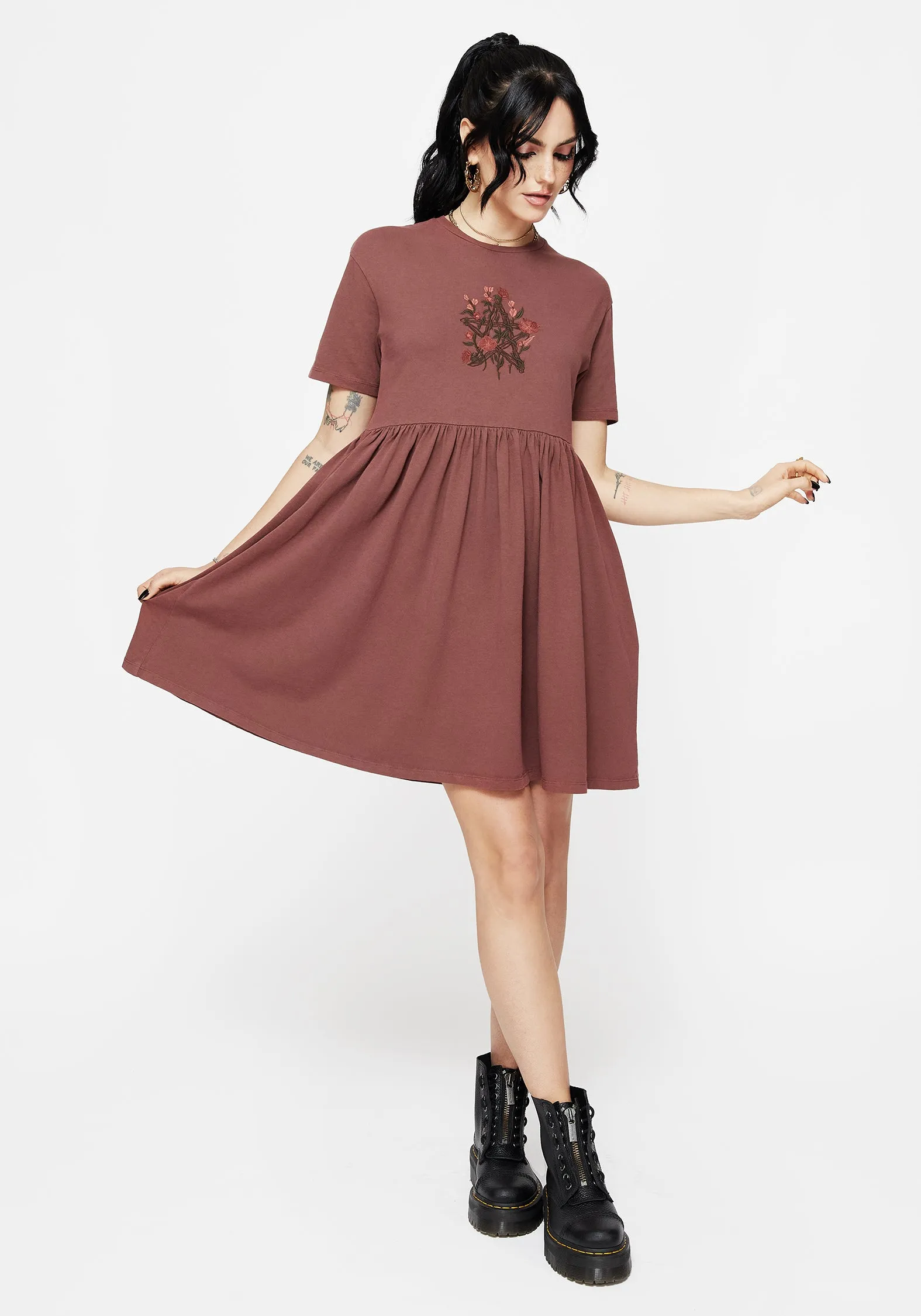 Aster Cotton Pentagram Embroidered Mini Skater Dress Smooth Vibes Luxe Fit