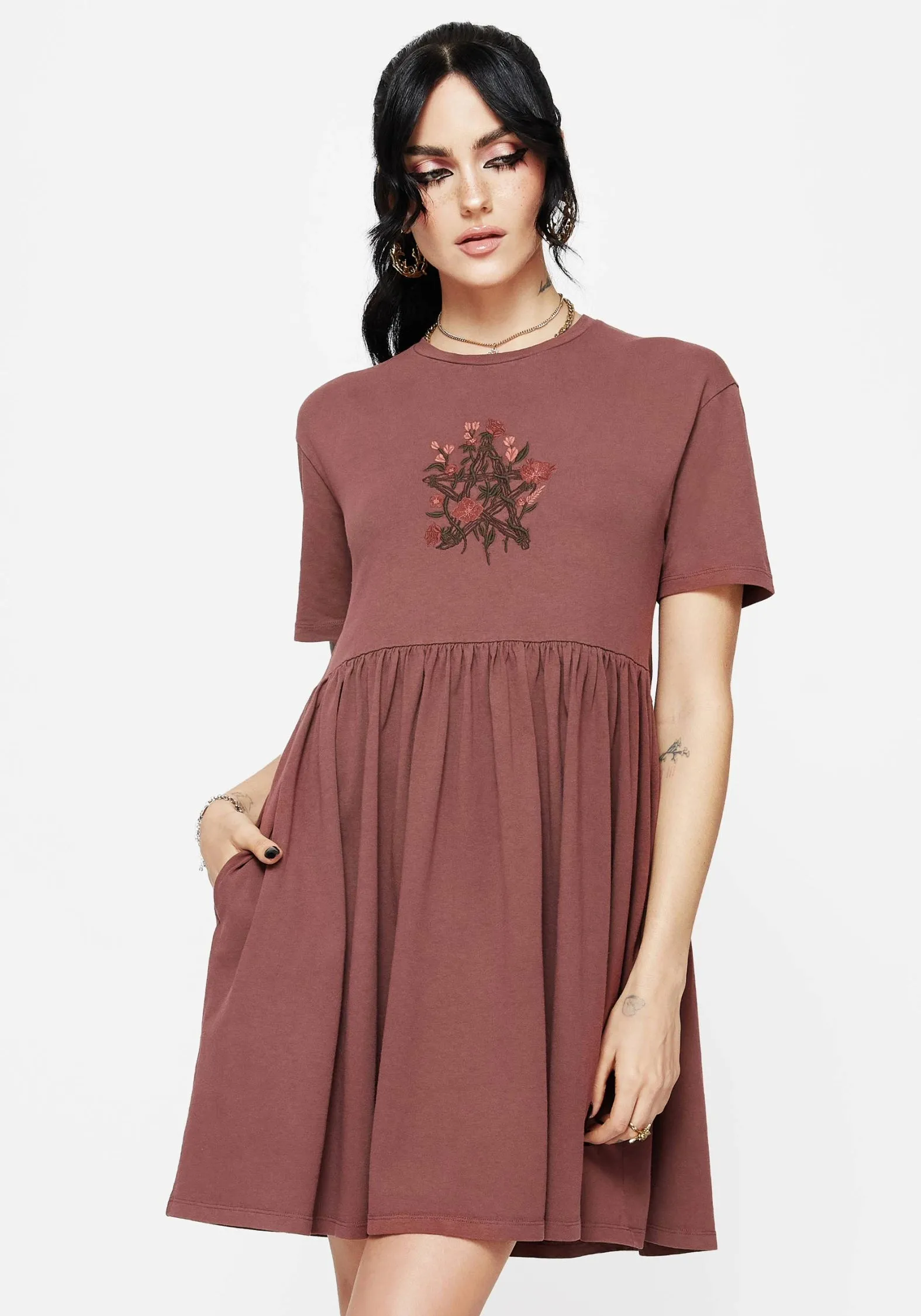Aster Cotton Pentagram Embroidered Mini Skater Dress Casual Essential London Cool
