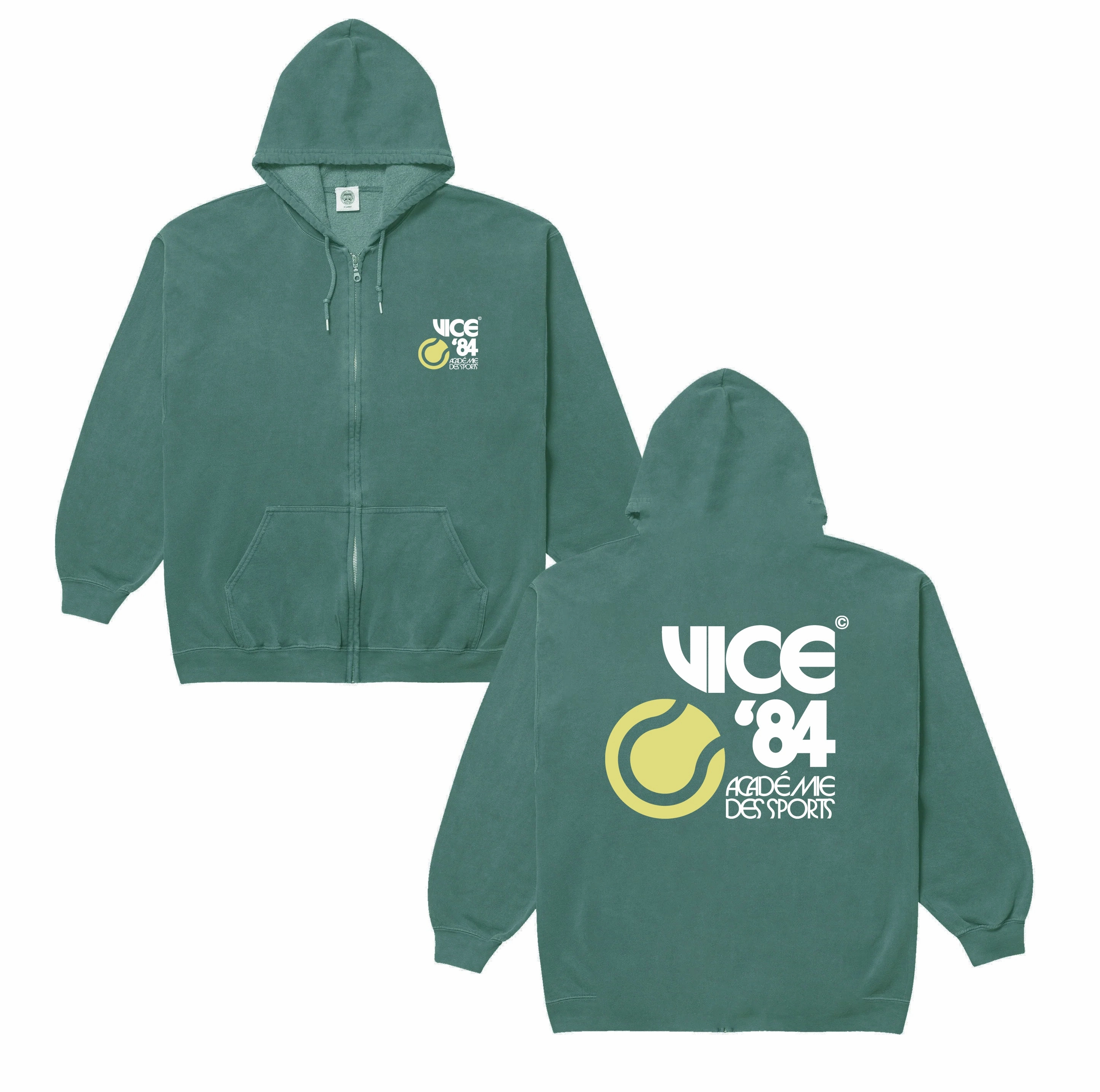 Vice 84 *10 Years Of* 'Tennis' Zip Up Vintage Washed Hoodie - Green Distressed finish
