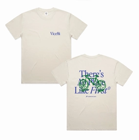 Flexible Neckband Fit for All Seasons Vice 84 'No Place Like First' Tee - Ecru