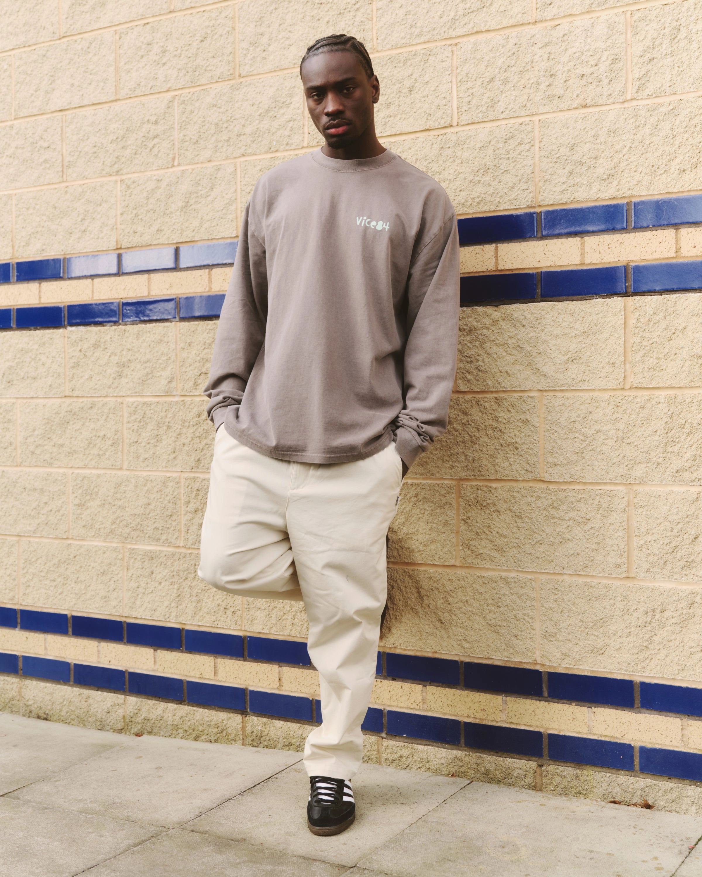 Vice 84 'Original Sporting Goods' LS Tee - Faded Grey Flatlock stitching