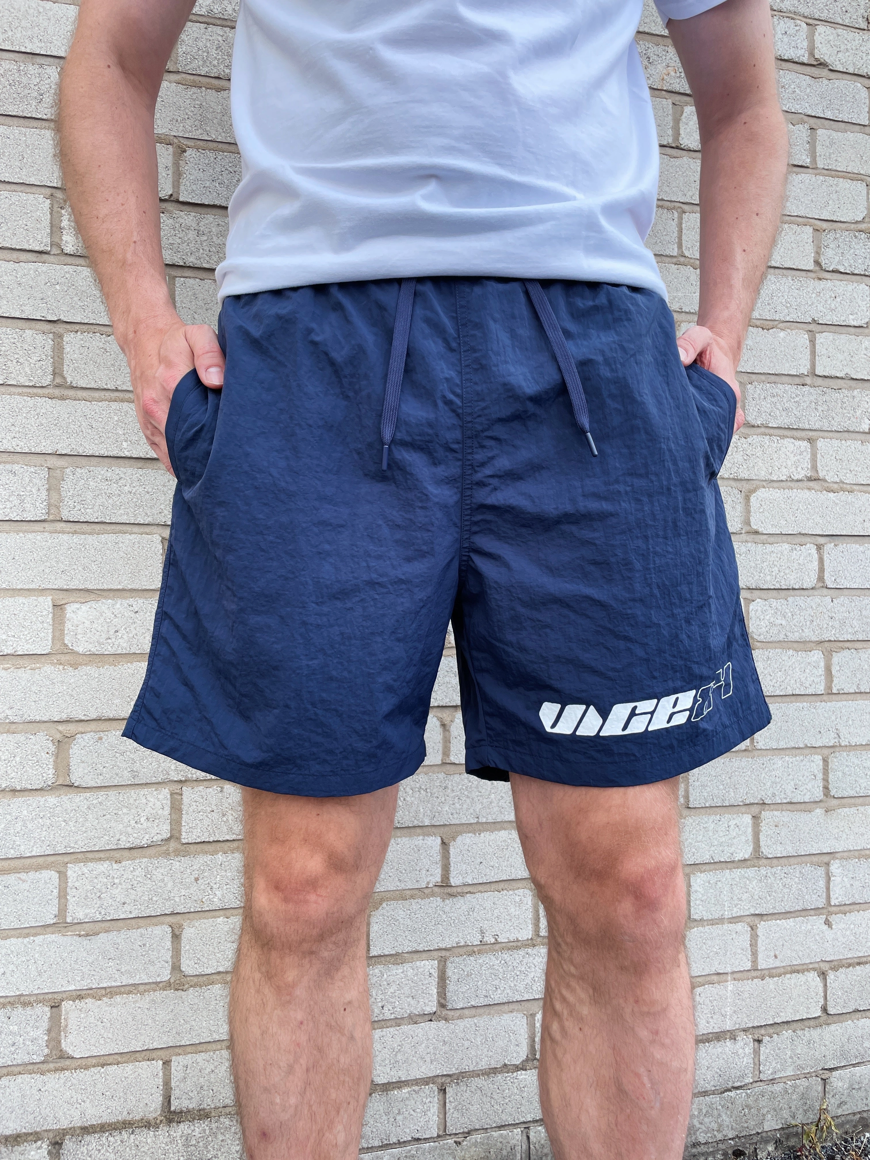 Vice 84 'Racer' Crinkle Recycled Swim Shorts - Navy Stretch Waist