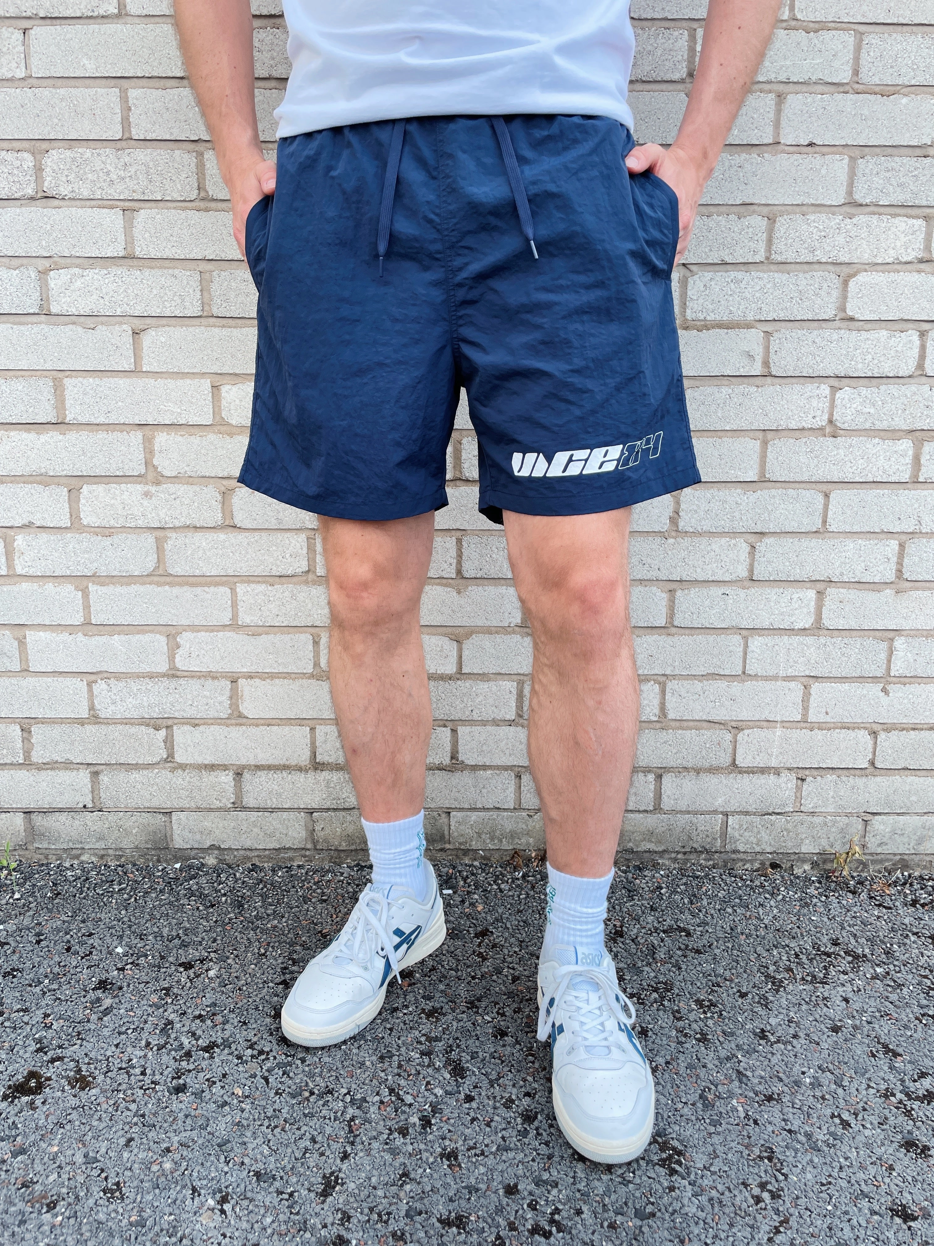 Multi Panel Cut Vice 84 'Racer' Crinkle Recycled Swim Shorts - Navy
