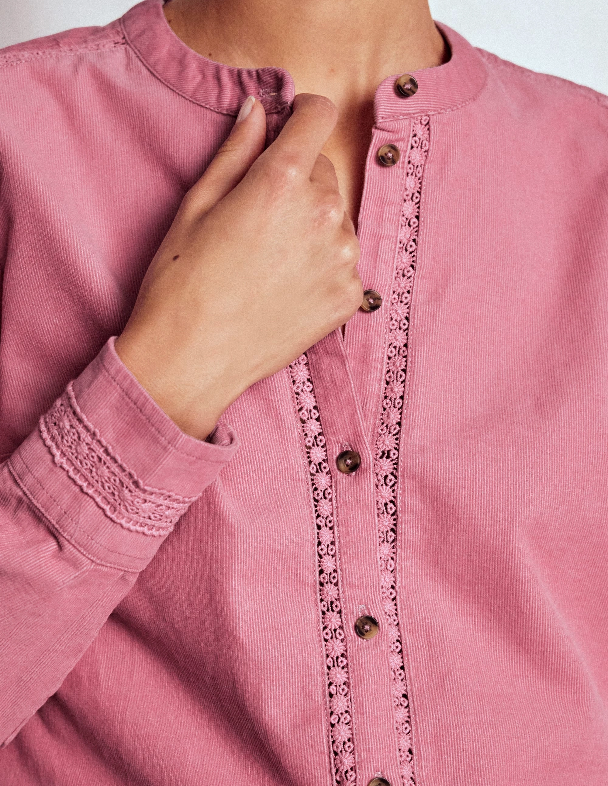 Multi Pocket Configuration Victoria Cord Shirt-Blushing Rose AntiPilling Surface