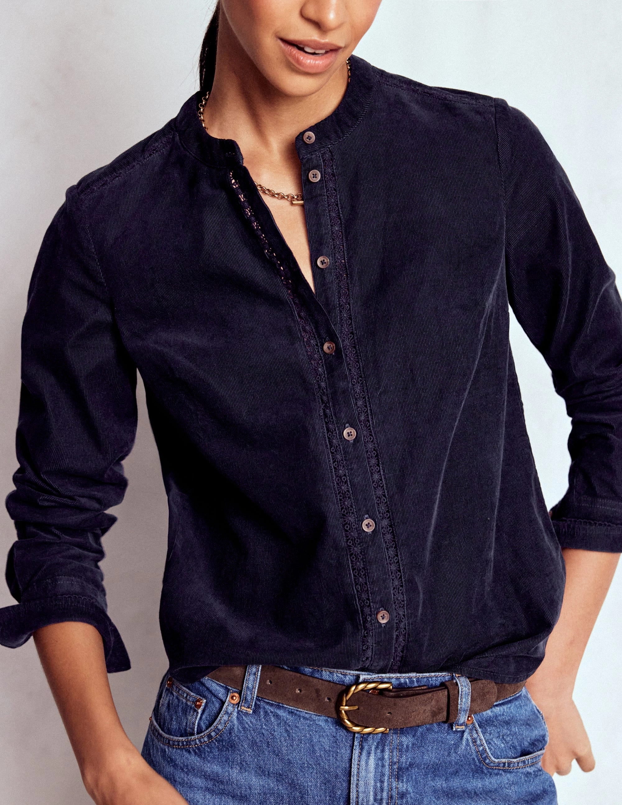 Victoria Cord Shirt-Navy NonToxic Processing BreathableBackVents Noise Reducing Fabric Treatment