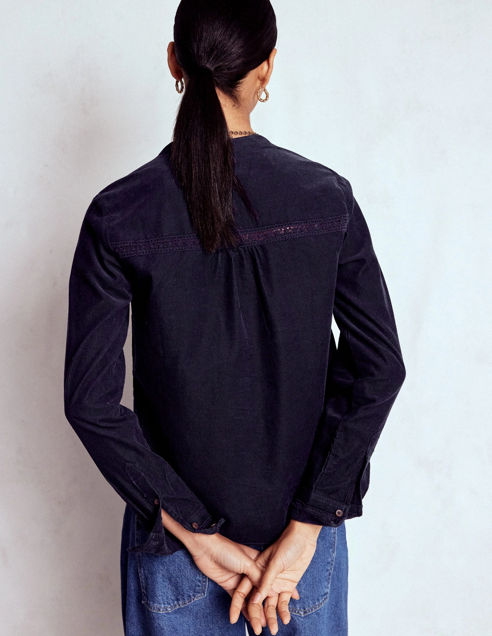 Victoria Cord Shirt-Navy NonToxic Processing Layered Neckline Anti Microbial Lining