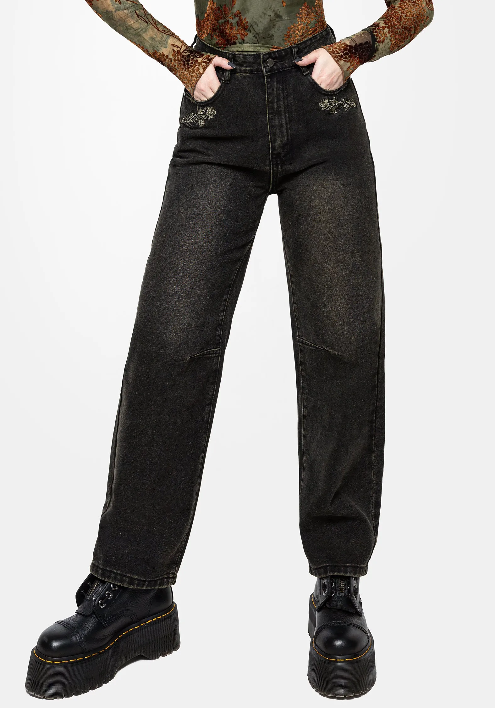 Veltha Floral Embroidered Denim Barrel Leg Jeans Affordable Outdoor Adventure Artist Vibe Casual Comfort