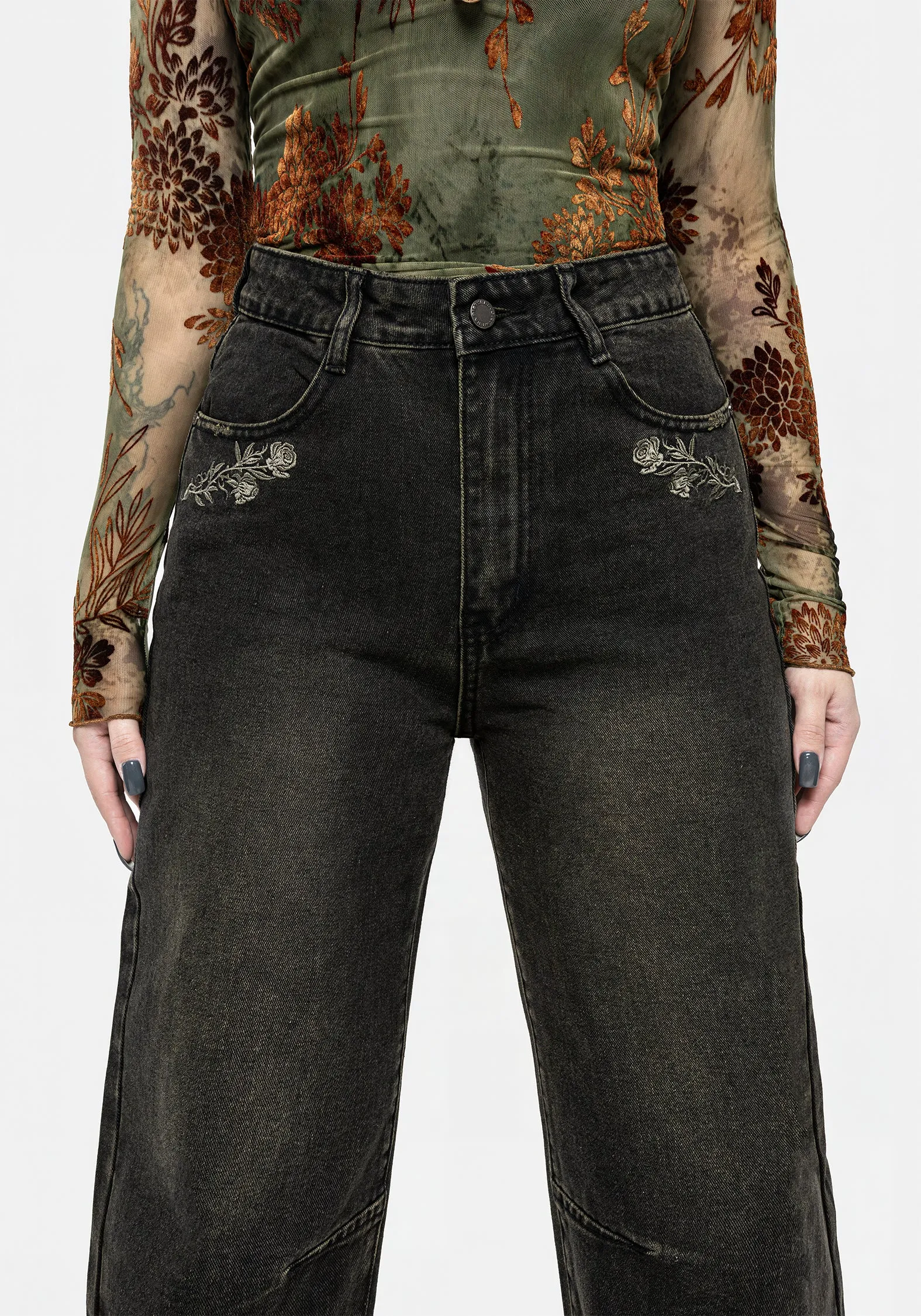 Veltha Floral Embroidered Denim Barrel Leg Jeans No Hassle Fit