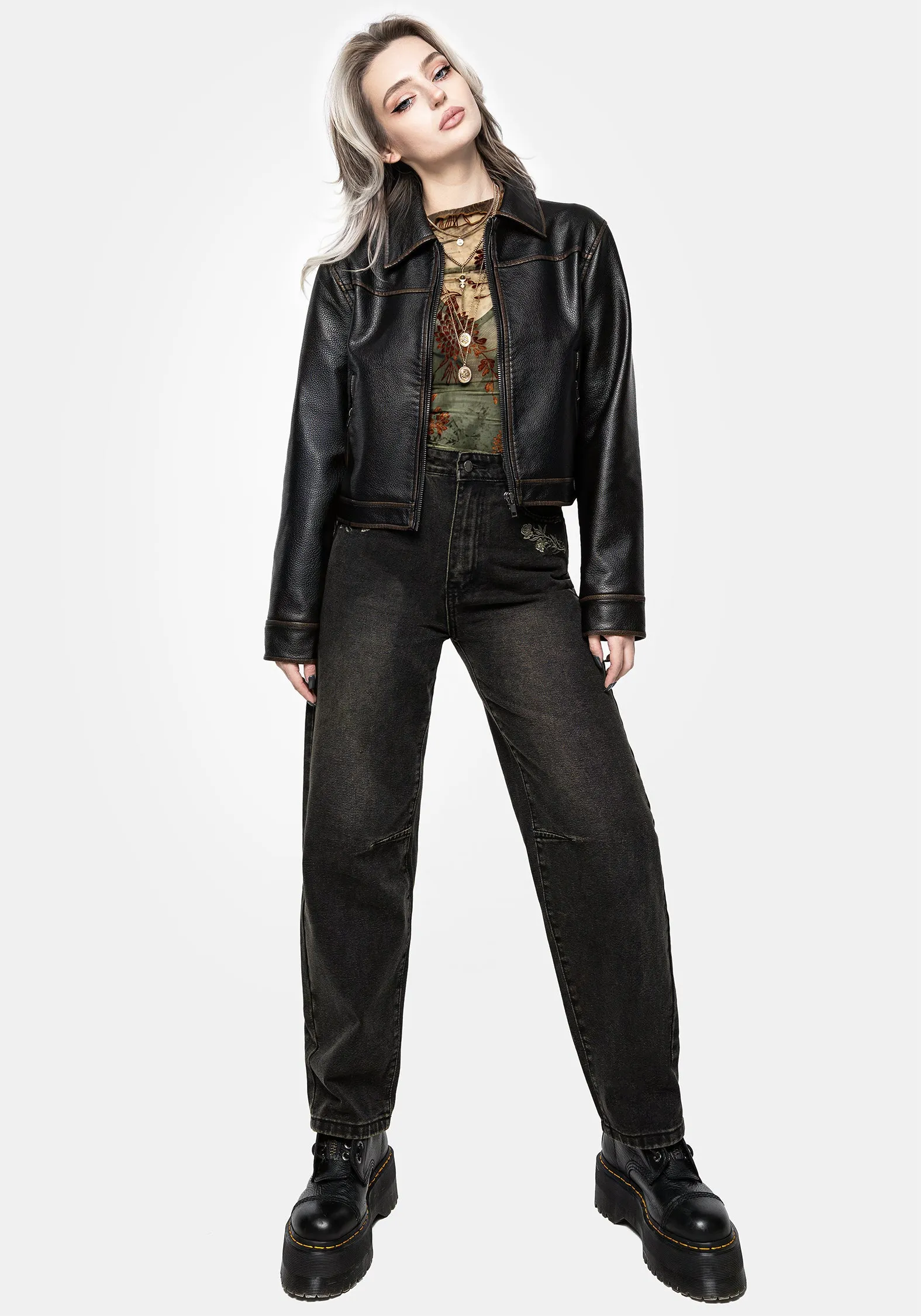 Veltha Floral Embroidered Denim Barrel Leg Jeans Low Impact Dye