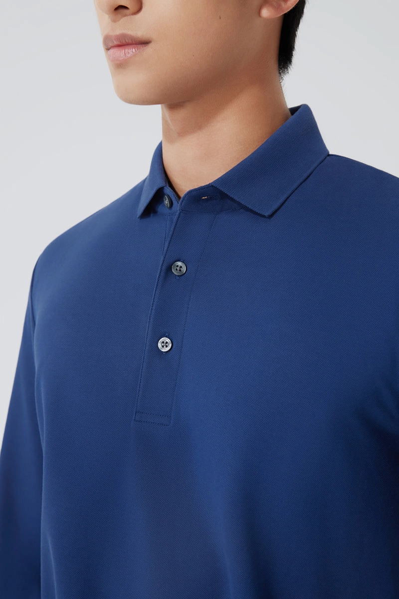 Soft Texture Chic Wear VISDRY? Pique Long Sleeve Polo | Blue NYE073