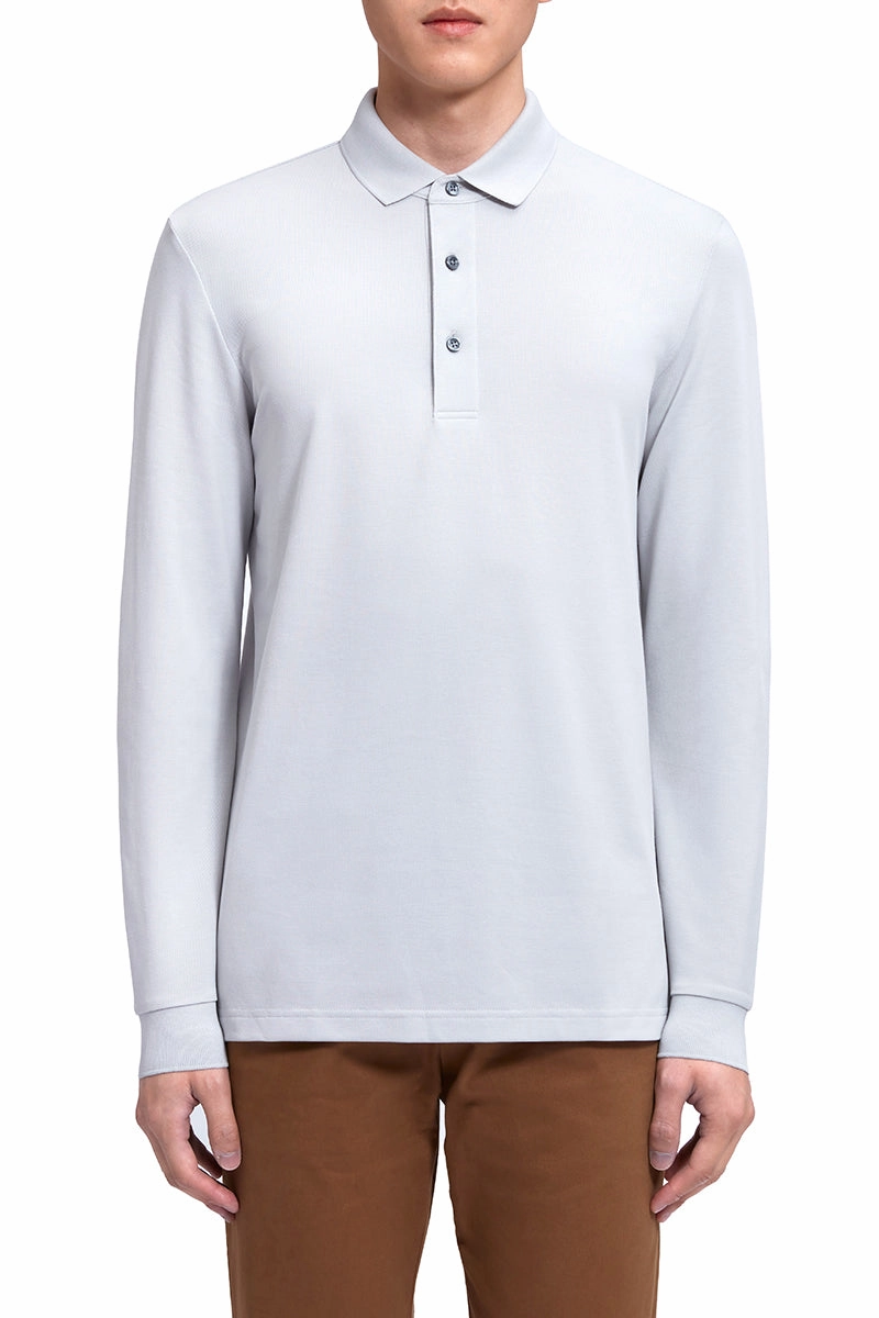 VISDRY? Pique Long Sleeve Polo | Light Grey GYE008 Flexible Comfort