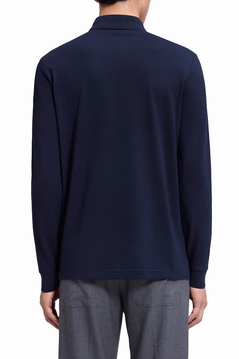 VISDRY? Pique Long Sleeve Polo | Navy NNY096 Sustainable Production Certification TwoTone Fabric Blend